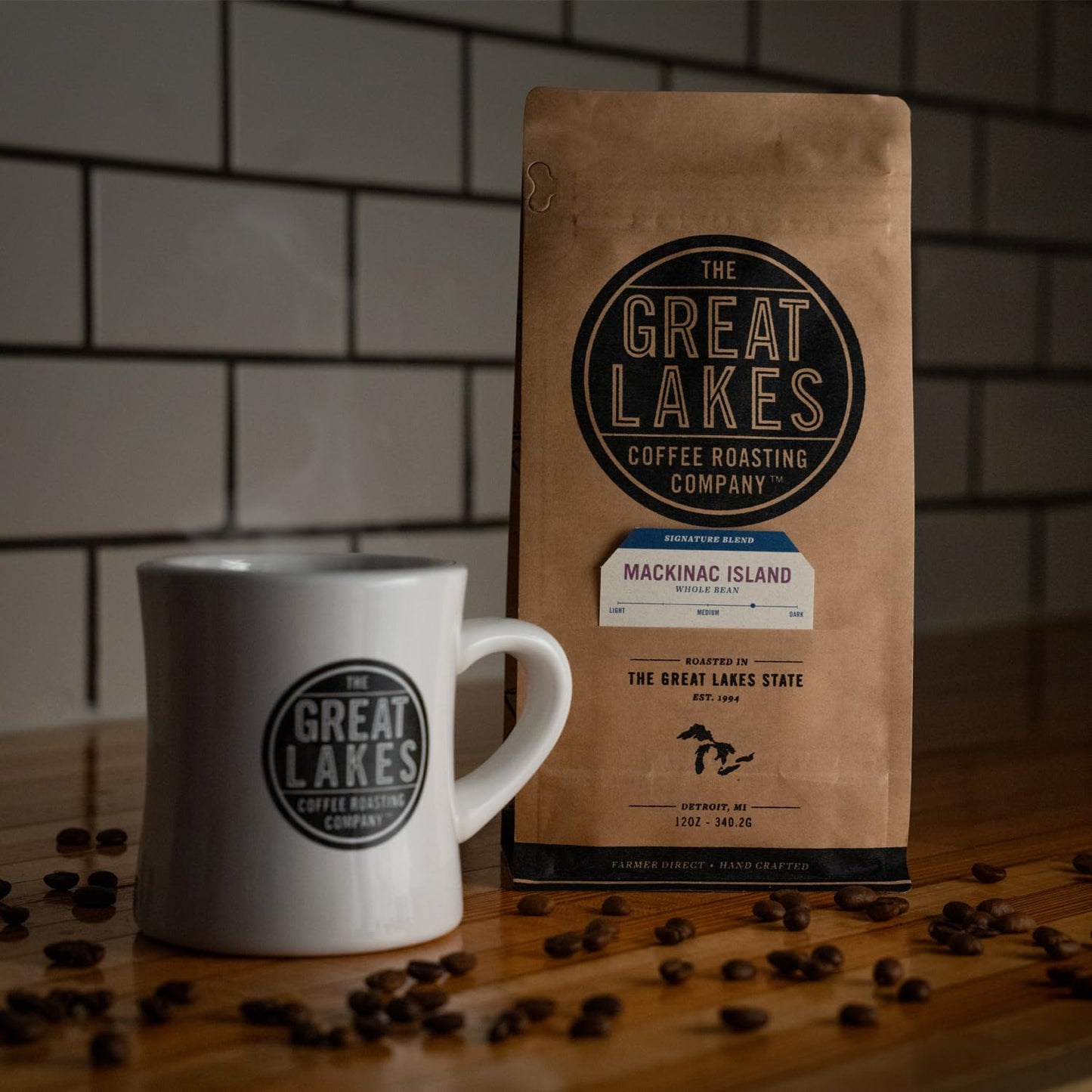 Great Lakes Medium/Dark Roast Whole Bean Coffee, Mackinac Island Signature Blend, Farmer Direct Sourced from Brazil, Columbia, Ethiopia