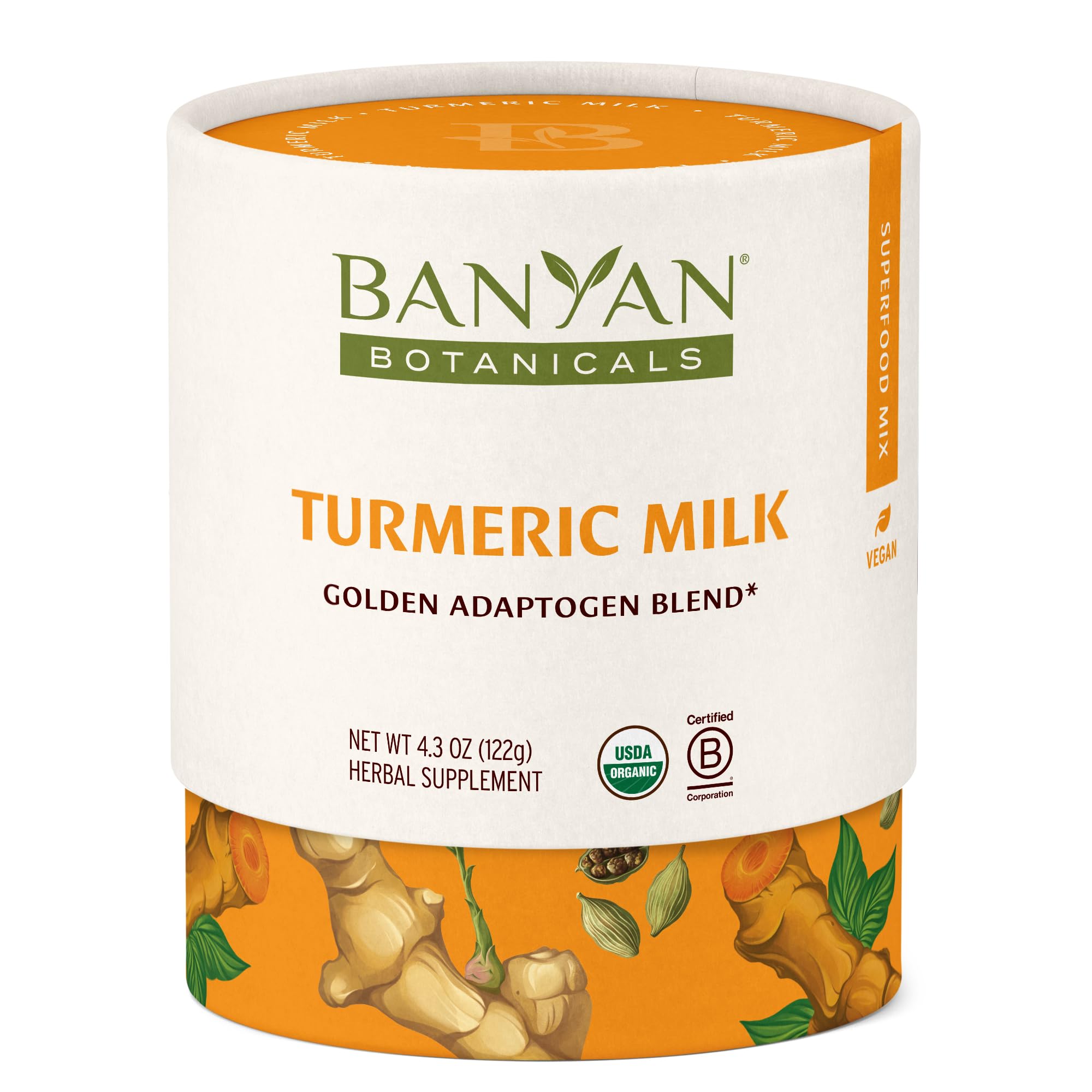 Banyan Botanicals Turmeric Milk - Organic Turmeric Latte Mix with Ashwagandha & Cardamom - Instant Caffeine Free Golden Milk with Maple Sugar - 4.3