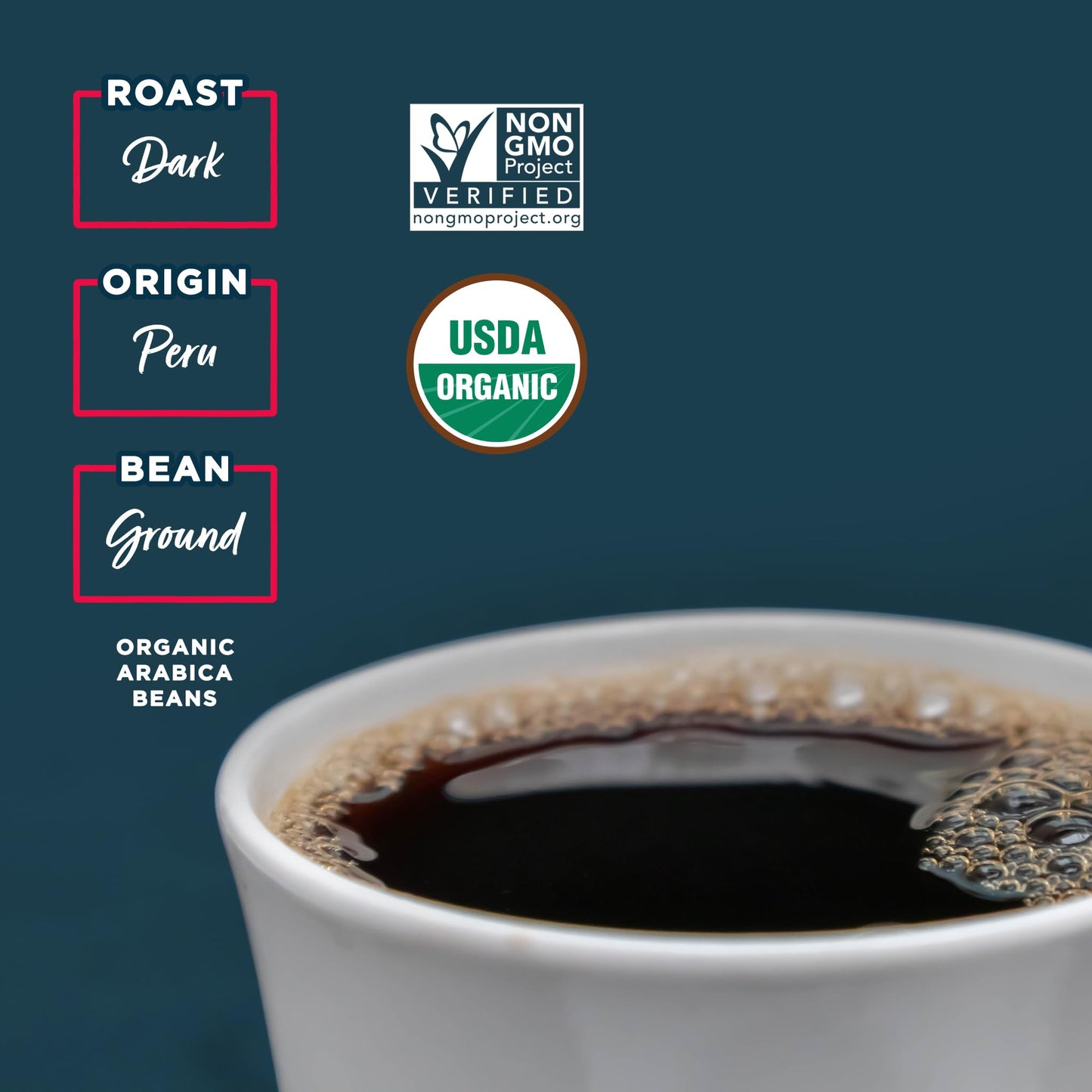 Laird Superfood Peruvian Dark Roast Coffee with Functional Mushrooms, Certified Organic Peruvian Ground Coffee Beans, Gluten-Free, Dairy-Free