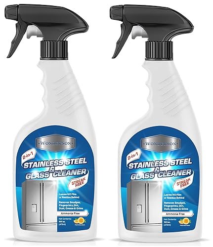 Wonderson 2-In-1 Stainless Steel & Glass Cleaner 16 Ounces - For Use On Appliances, Countertops, Sinks, Stovetops, Dishwashers, Windows, Bathrooms