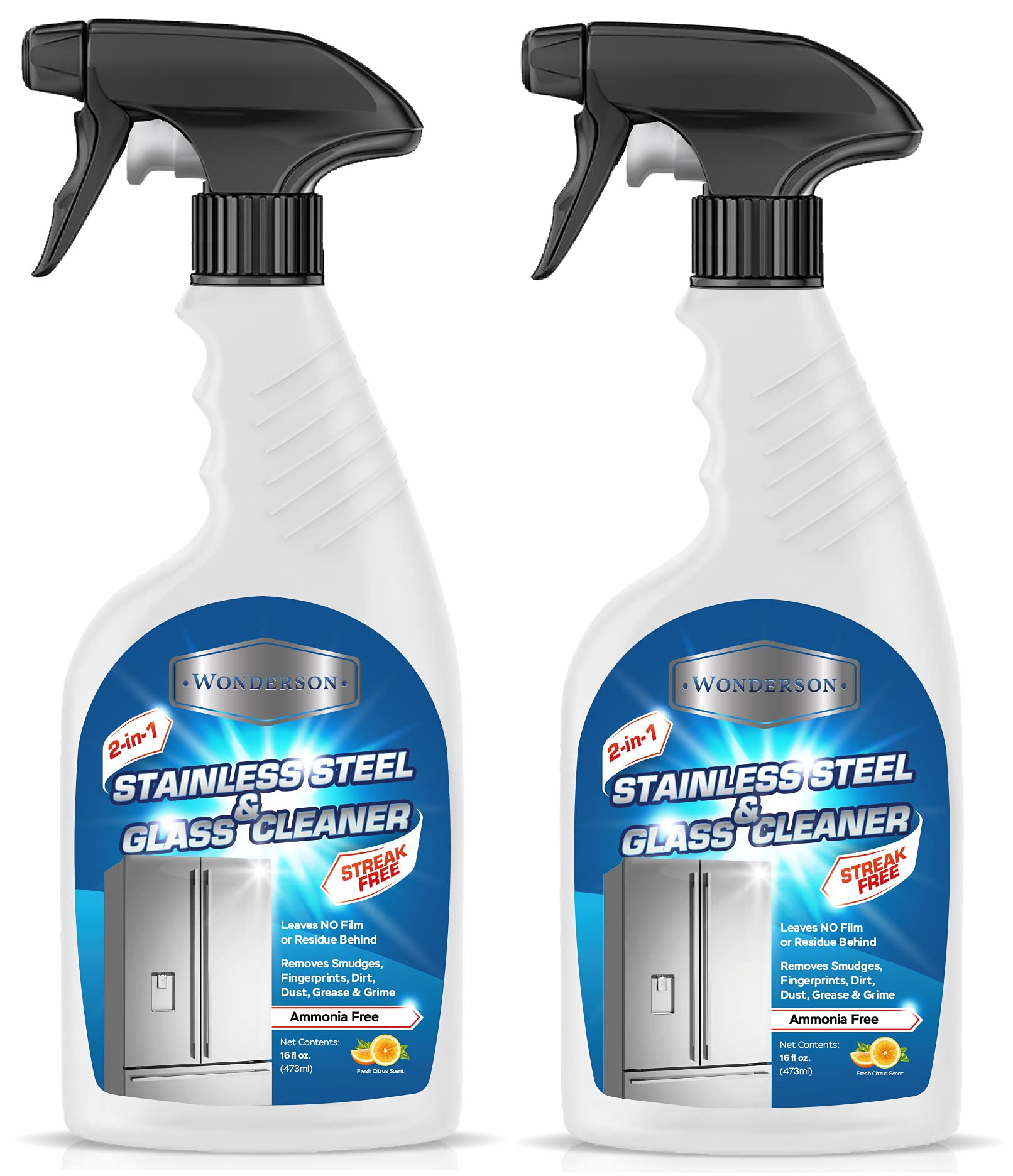 Wonderson 2-In-1 Stainless Steel & Glass Cleaner 16 Ounces - For Use On Appliances, Countertops, Sinks, Stovetops, Dishwashers, Windows, Bathrooms