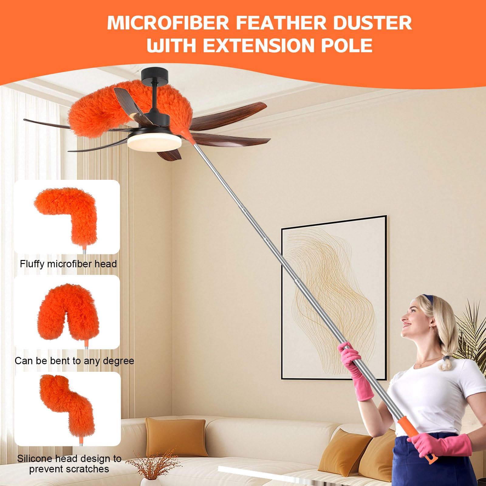 Microfiber Feather Duster Extendable Duster with 30'' to 100'' Telescoping Extension Pole, Bendable Head & Long Handle Dusters for Cleaning Ceiling
