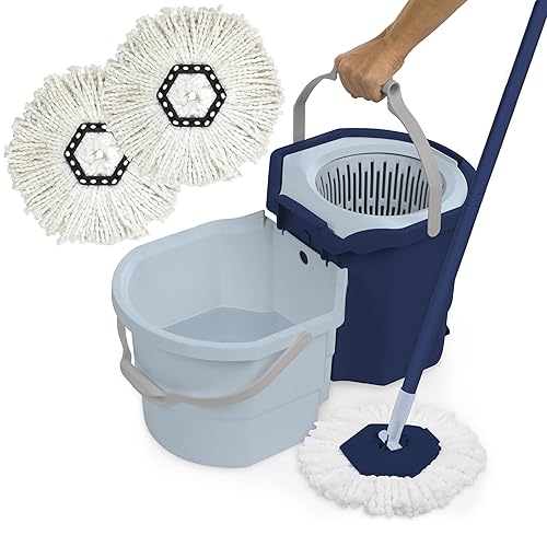 Casabella Clean Water Spin Mop with 2-Bucket System, Spin Mop and Mopping Bucket Set with Refill, Blue/White