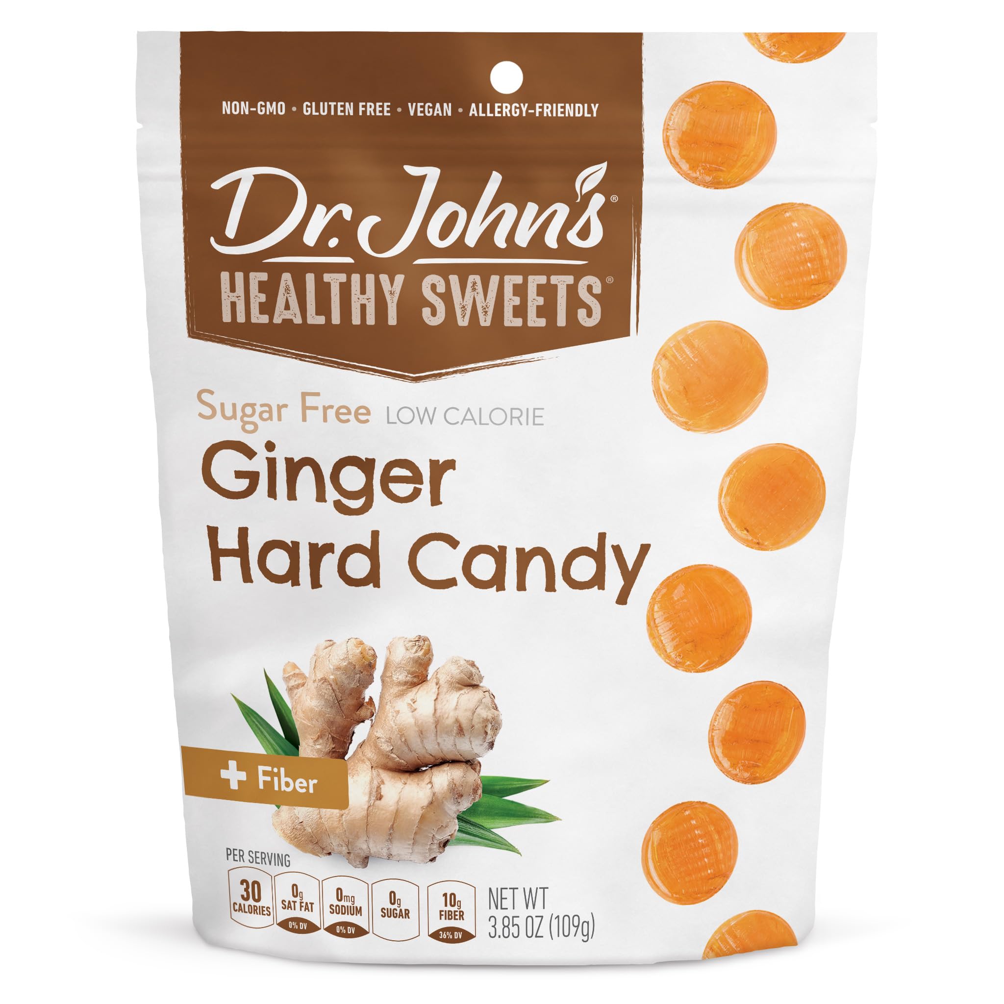 Dr. John’s Sugar Free Candy, Healthy Hard Candy with Zero Sugar, Low Calorie Snacks, Keto Friendly, Vegan, Gluten Free, Ginger Flavor, 24 Count, 3.85