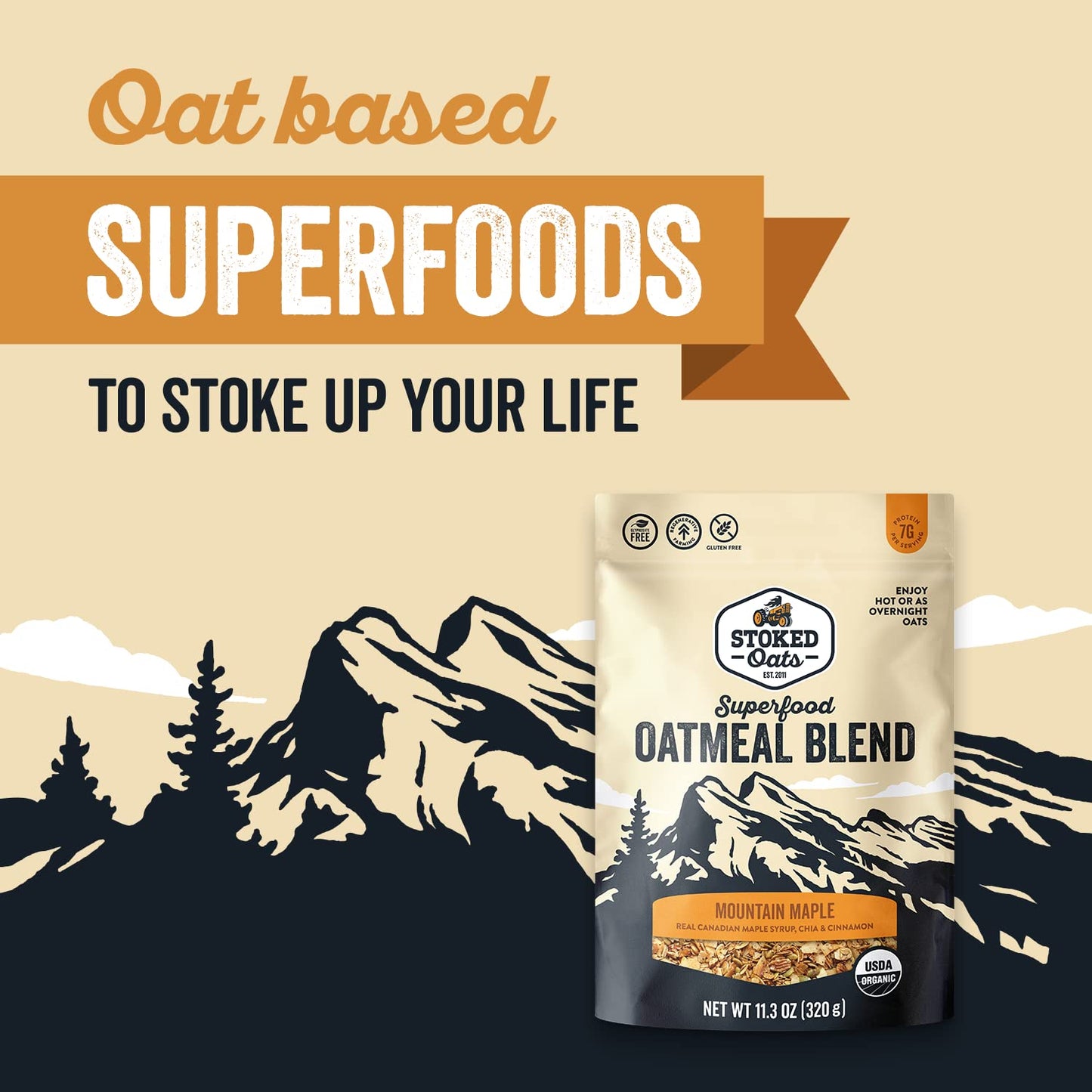 Stoked Oats - Mountain Maple High Protein, Low Sugar Breakfast - Gluten Free, High Fiber, Non GMO Oatmeal - Perfect for overnight oats (11.3oz)
