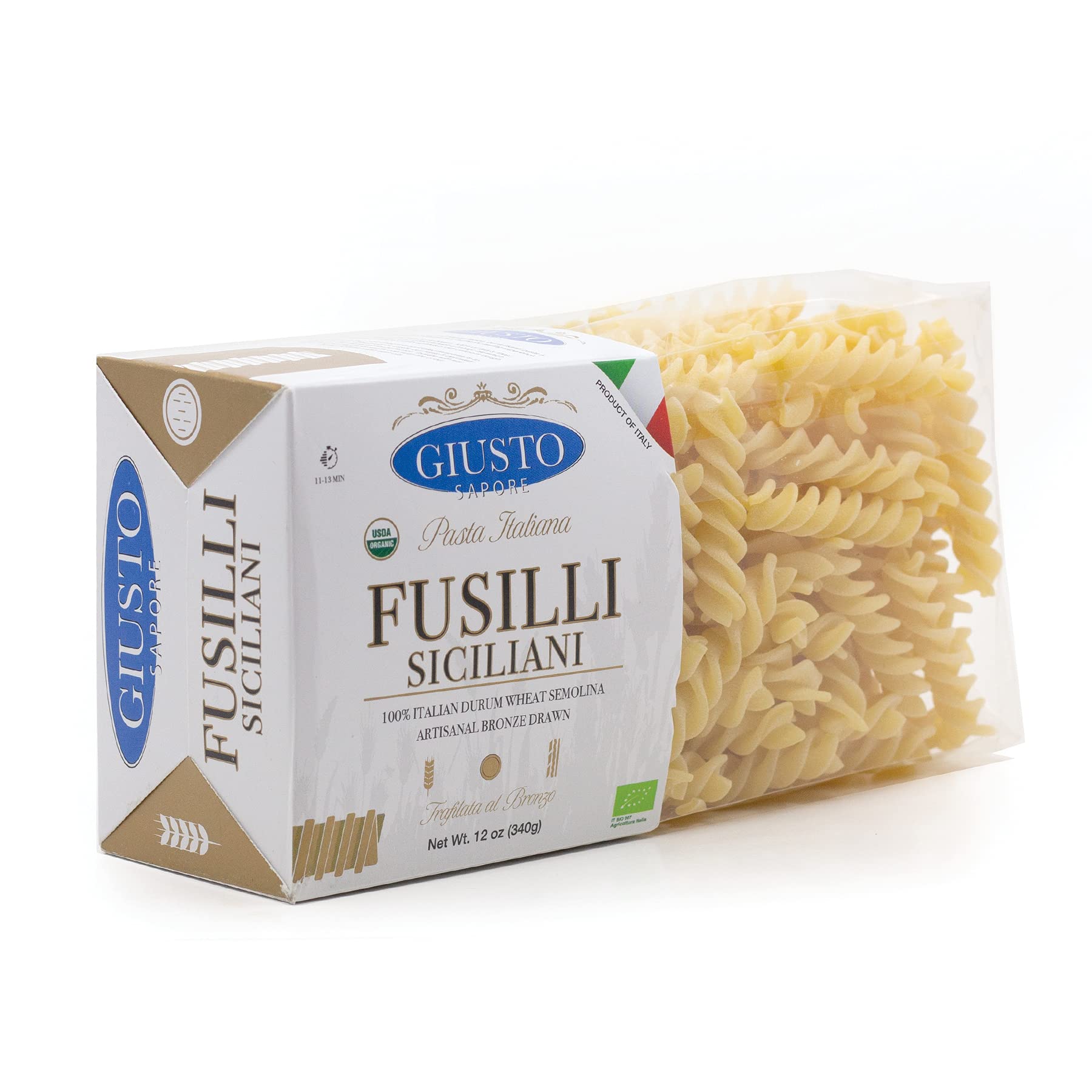 Giusto Sapore Imported Artisanal Fusilli Siciliani Italian Pasta, Organic Bronze Drawn, 340G (12 oz)