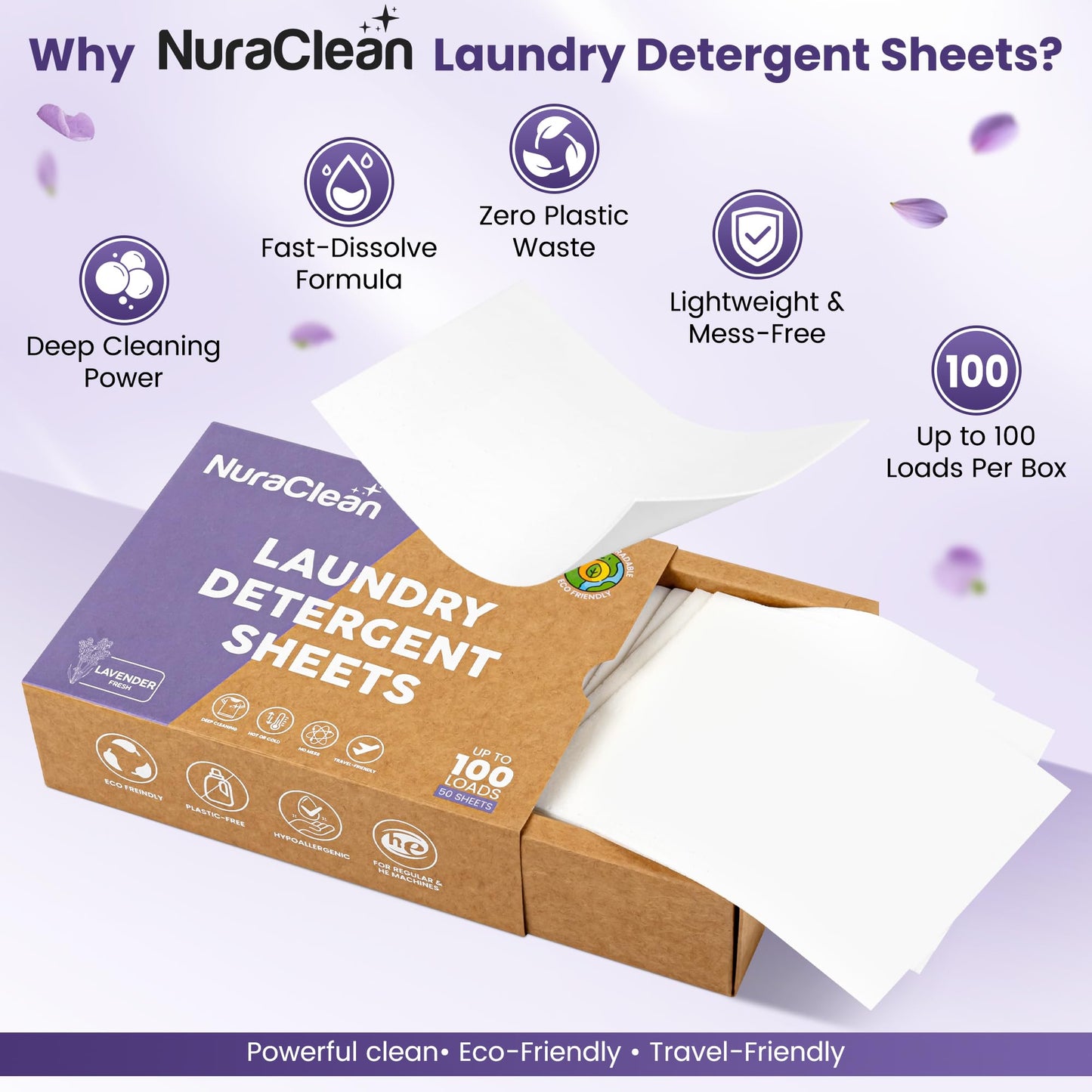 NuraClean Laundry Detergent Sheets, Lavender Fresh - 50 Sheets (Up to 100 Loads), Powerful Clean, HE Compatible, Hypoallergenic, Plastic-Free