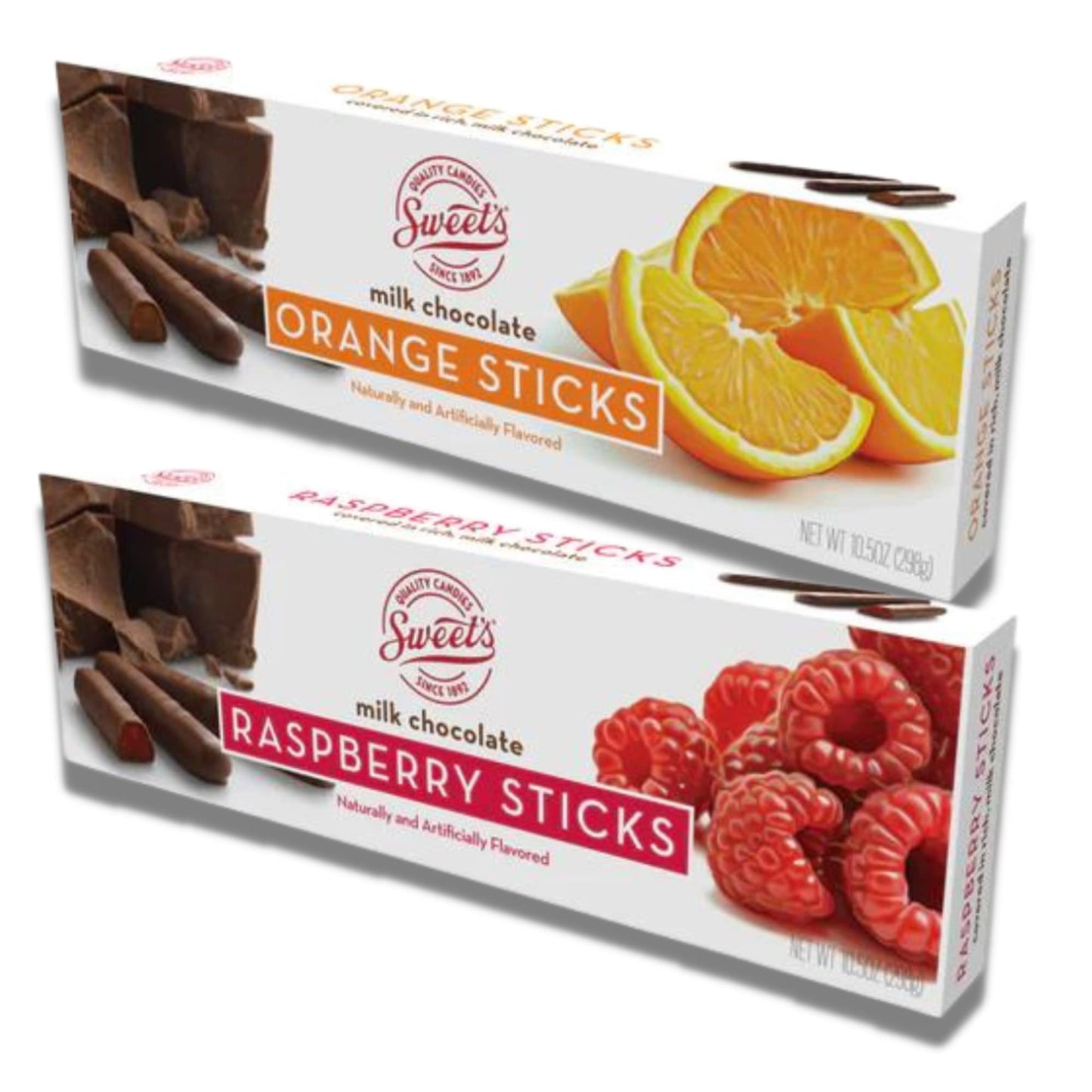 Chocolate Raspberry and Orange Sticks Bundle. Includes 2 Boxes of Sweet Sticks. 1 Box of Milk Chocolate Orange Sticks & 1 Box of Milk Chocolate