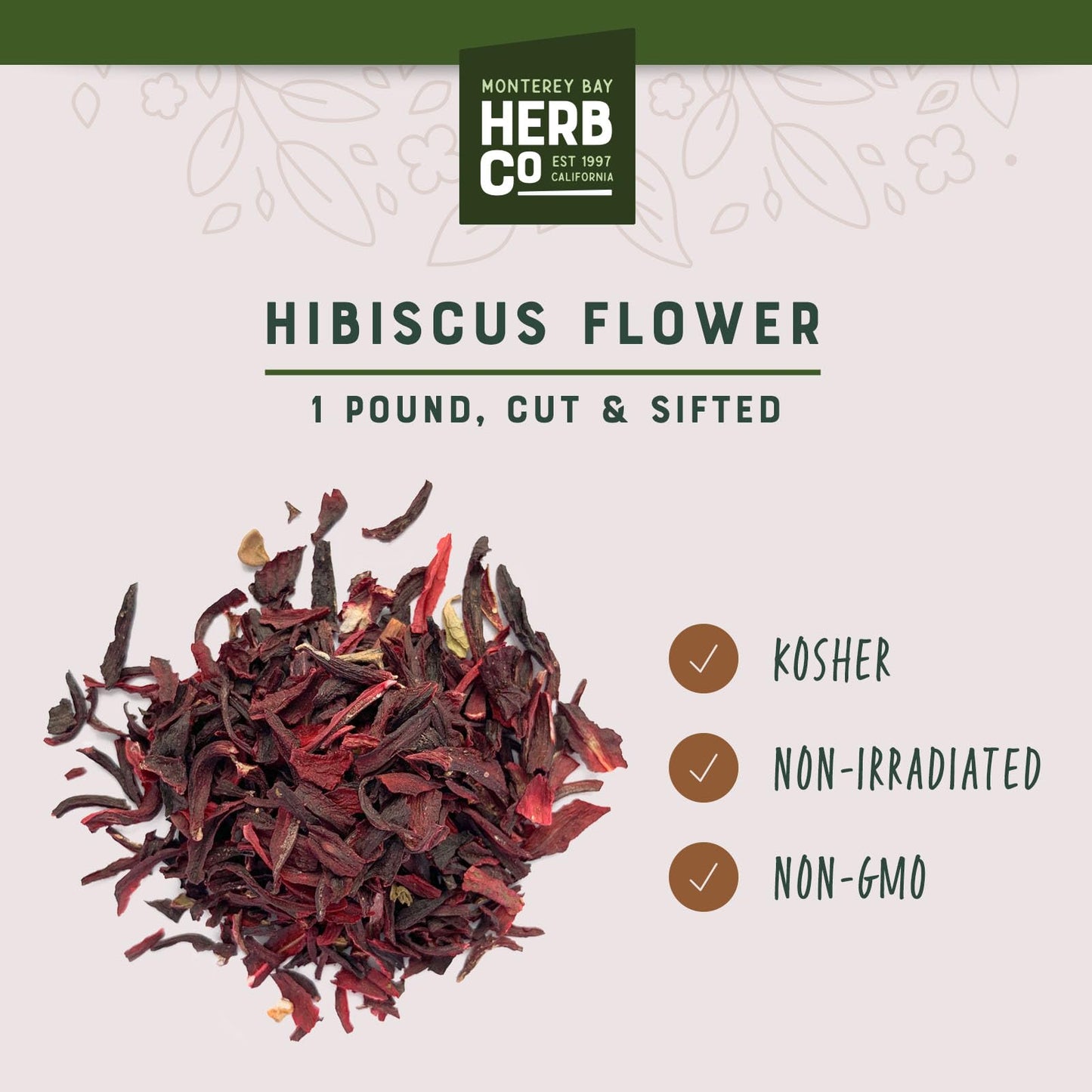 Organic Hibiscus Flower Cut & Sifted, by Herb Co, Hibiscus Sabdariffa, from Germany & Egypt, Kosher, for Hot or Cold Beverages, Tea, Jams, Baked