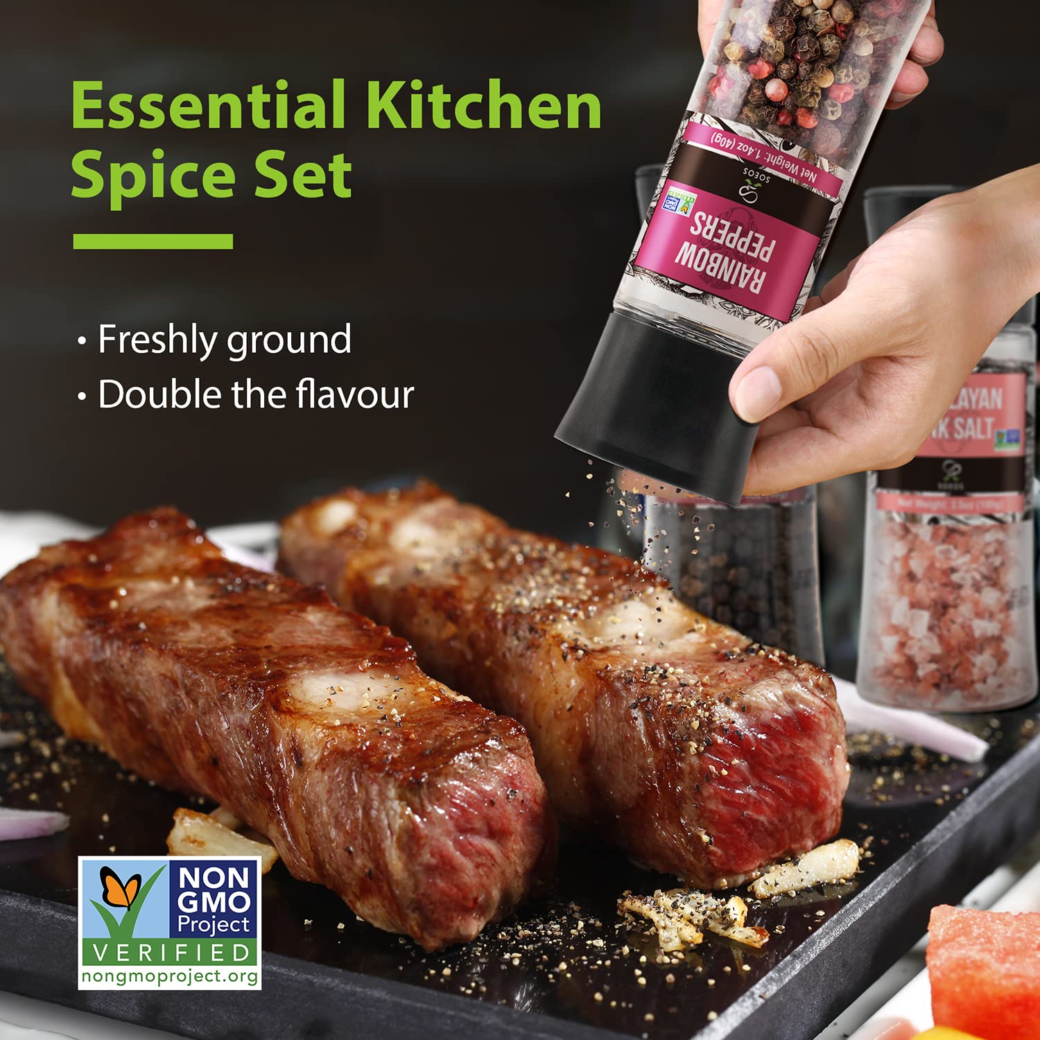 Soeos Spice Seasoning Set of 4, 9.8oz(277.82g), With Integrated Grinders, Salt and Pepper Grinder Set, Pure and Fresh Perfect for BBQ Seasoning Gift