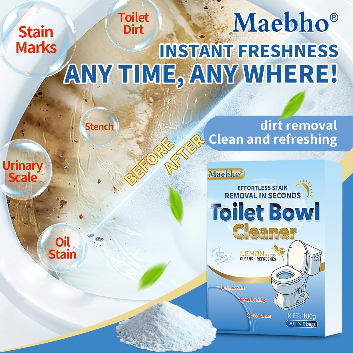 Maebho Toilet Cleaner - Toilet Bowl Cleaner Powder, Self Activating Powder for Toilets Bowls Cleaning, Powerful Foaming,Deep Cleaning,Eliminates Odors