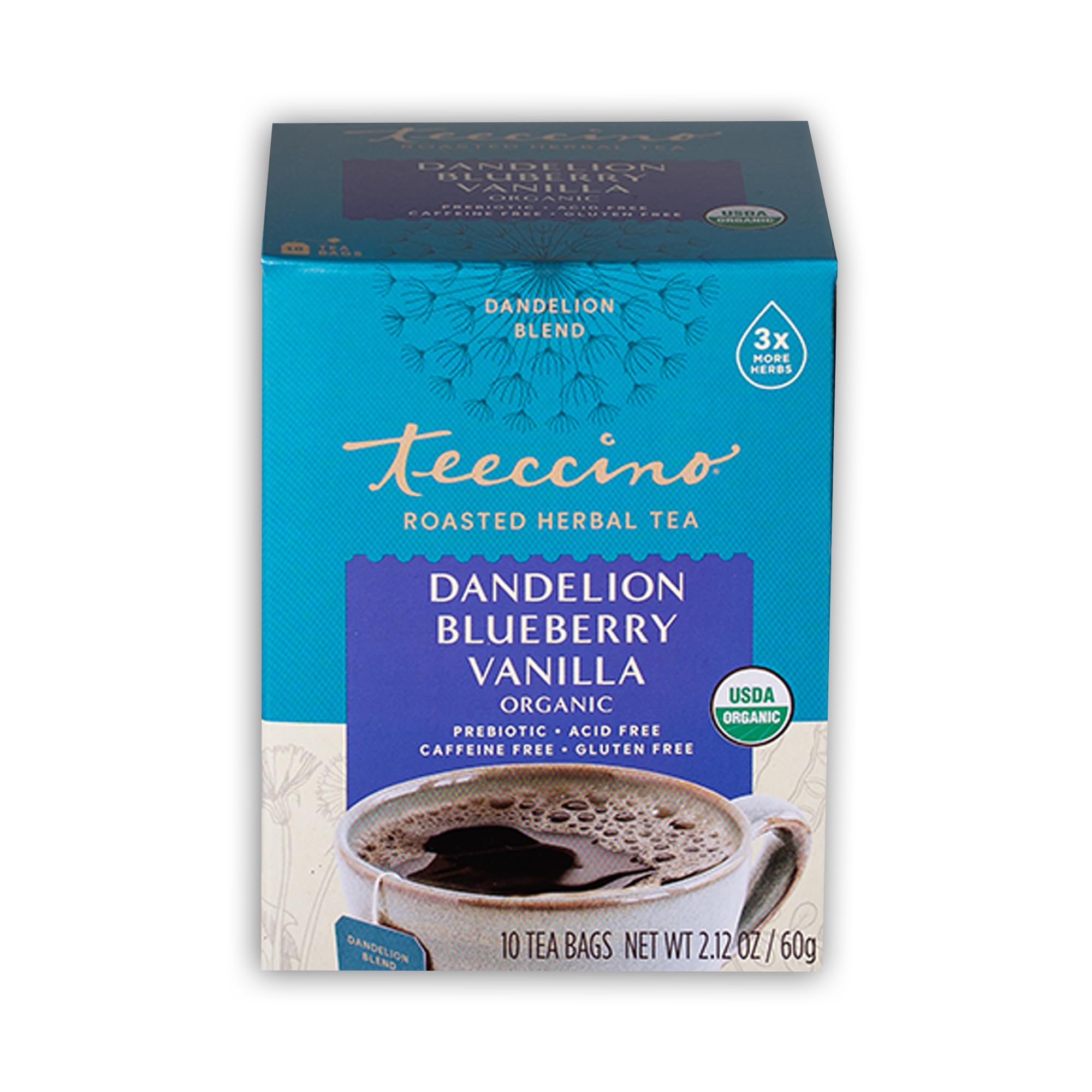 Teeccino Dandelion Blueberry Vanilla Herbal Tea, 10 Count - Rich & Roasted Herbal Tea That’s Caffeine Free & Prebiotic for Natural Energy, Coffee