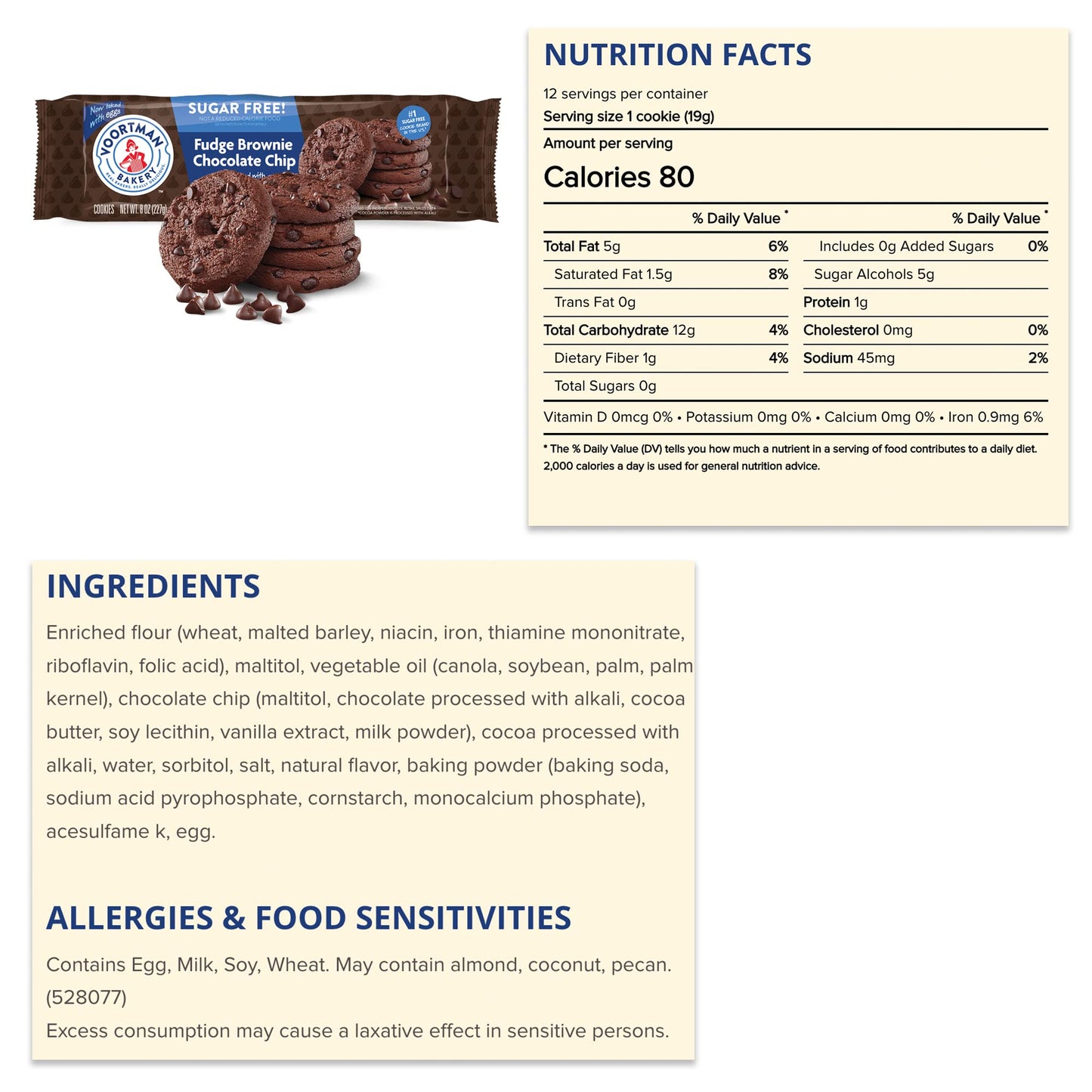 Voortman Sugar Free Cookies - Variety Pack - Chocolate Chip (1, 8oz pack) - Fudge Brownie Chocolate Chip (1, 8oz pack) - Pecan Chocolate Chip (1, 8oz