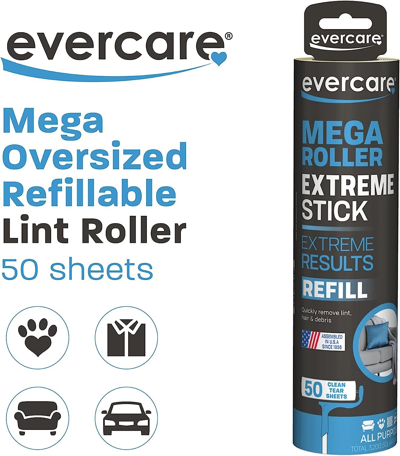 evercare Pet Mega Extreme Surface Coverage 50 Layer Lint Roller Refill for Cleaning Debris Off of Clothes and Furniture, 3 Pack