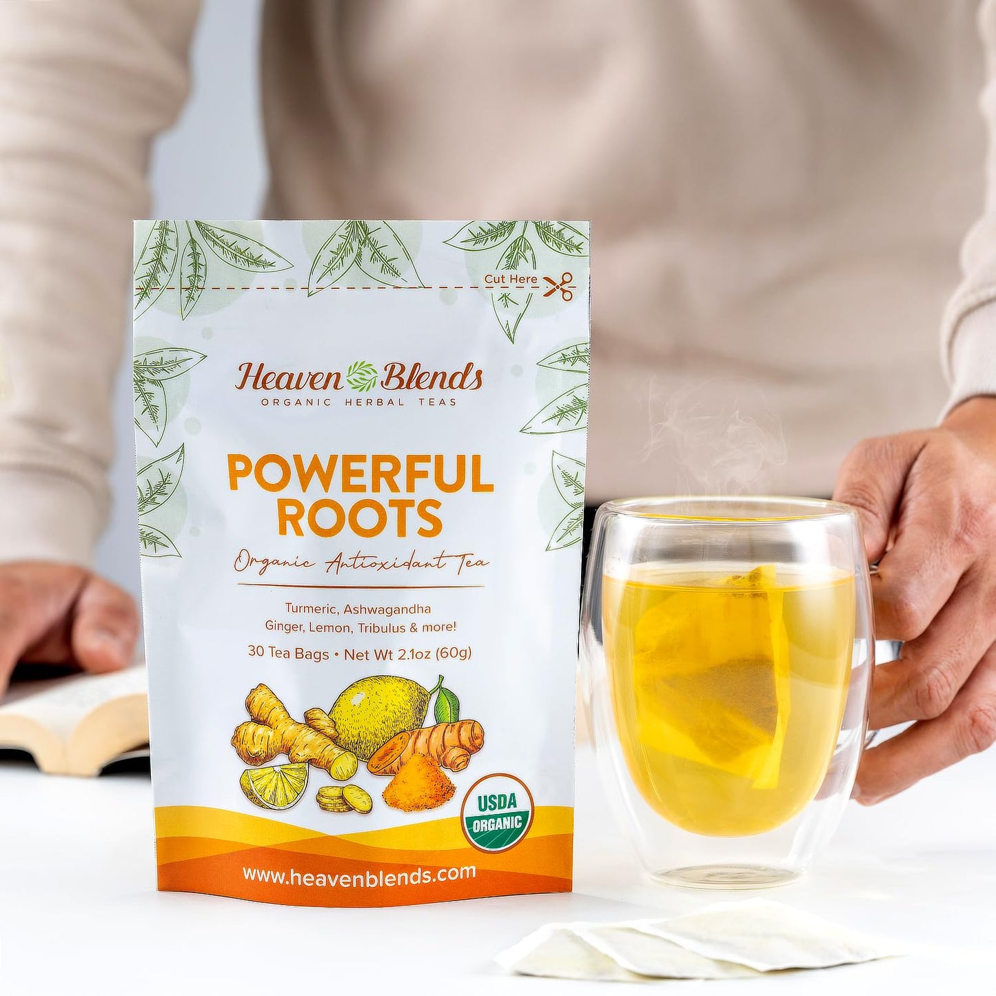 Heaven Blends Powerful Roots Men’s Vitality Organic Herbal Tea - USDA Organic - Antioxidant Blend with Turmeric, Ginger, Ashwagandha, Cinnamon, Black