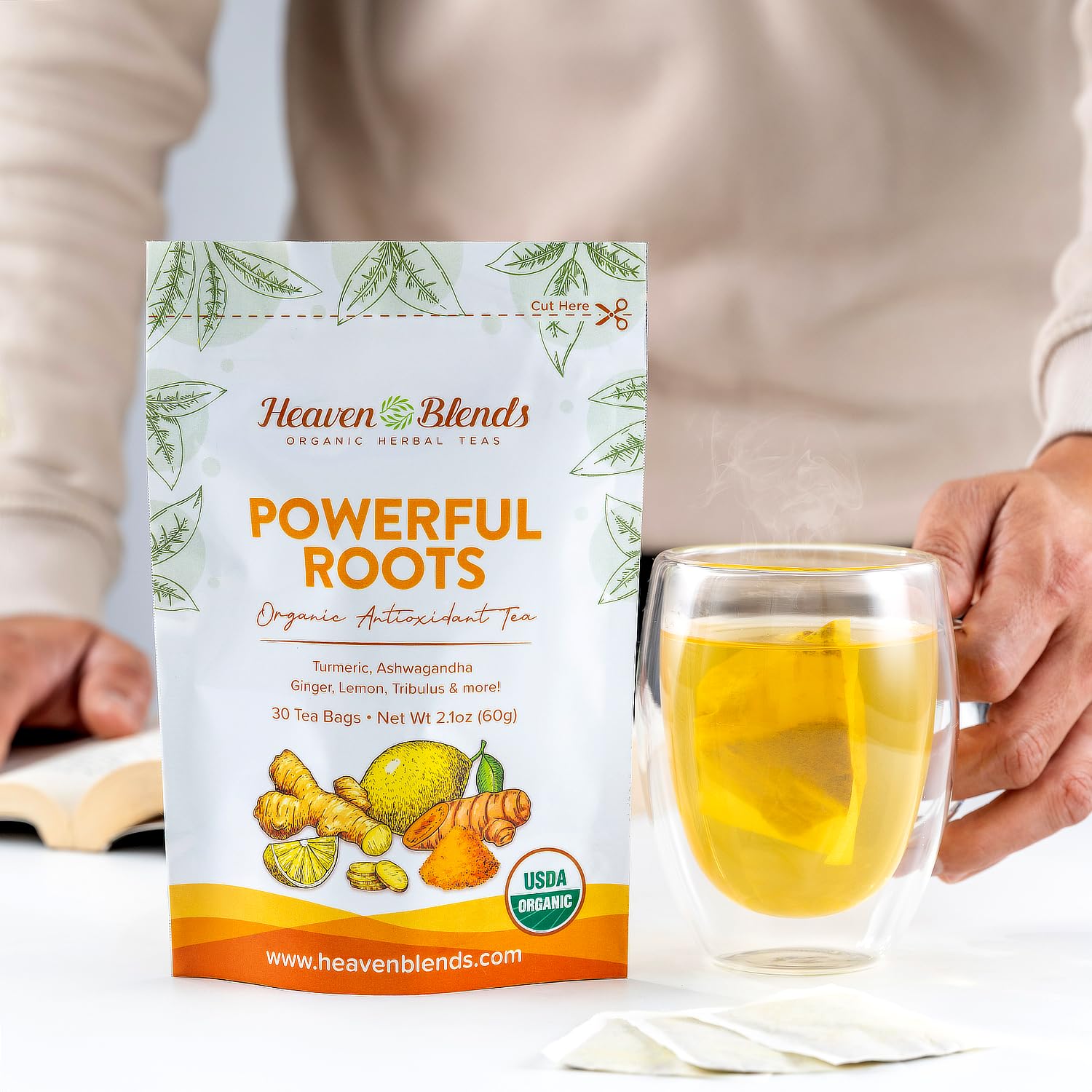 Heaven Blends Powerful Roots Men’s Vitality Organic Herbal Tea - USDA Organic - Antioxidant Blend with Turmeric, Ginger, Ashwagandha, Cinnamon, Black