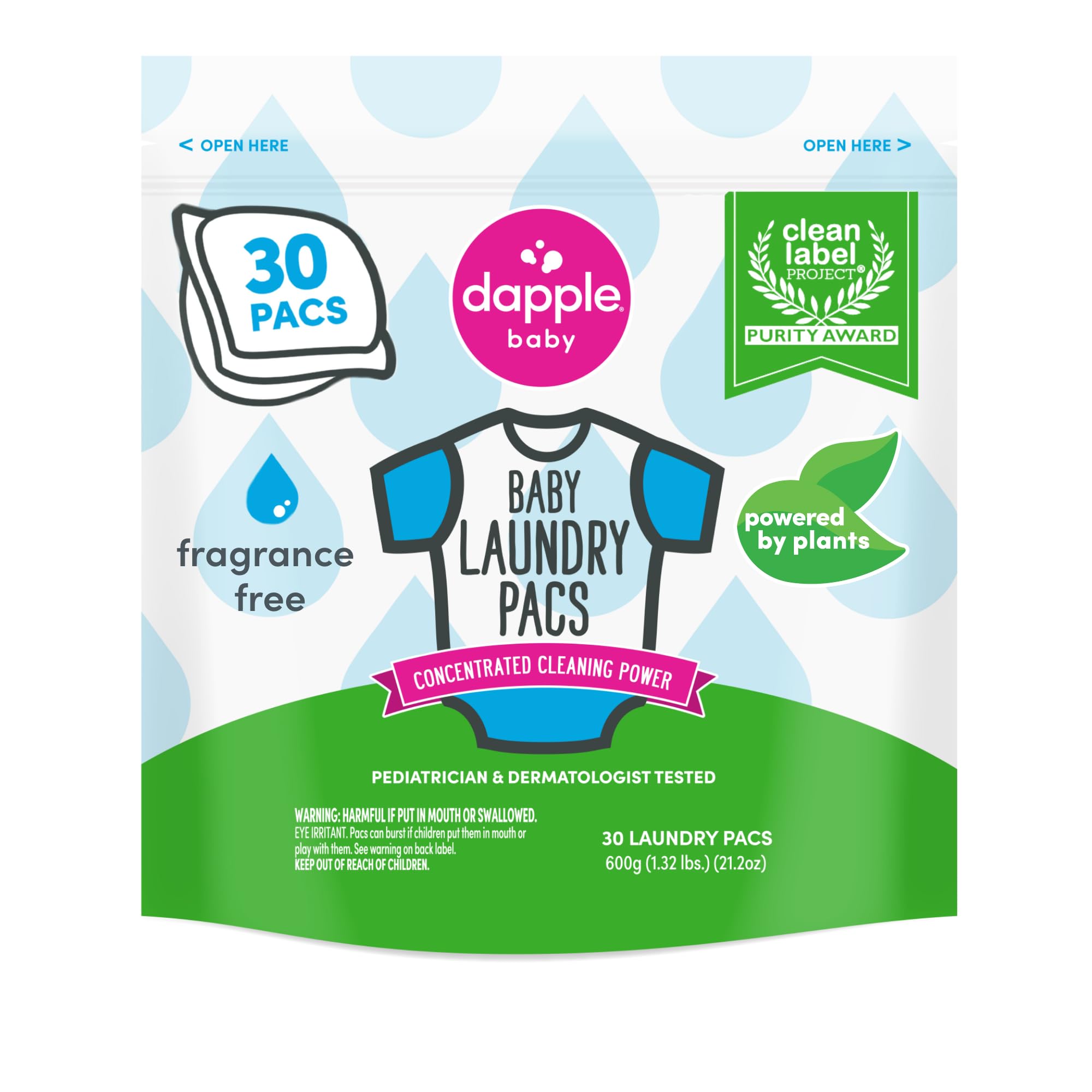 Dapple Baby Laundry Detergent Pacs - 30 Count - Fragrance-free Laundry Pods for Sensitive Skin - Plant-Powered Stain Remover - Newborn Essentials