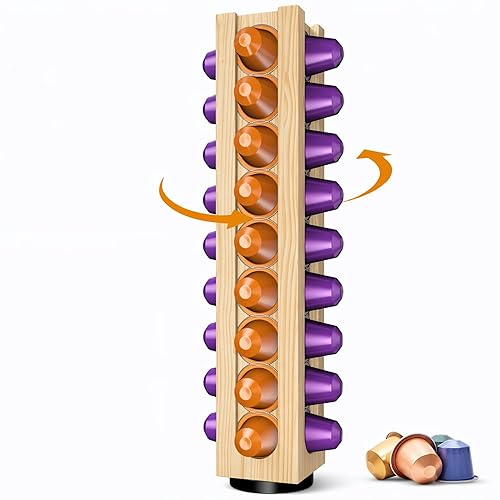 VOMELON Wooden Coffee Pod Holder Compatible with Nespresso Original Pods,Rotating Vertical Carousel Pod Holder Coffee Station Countertop Organizer