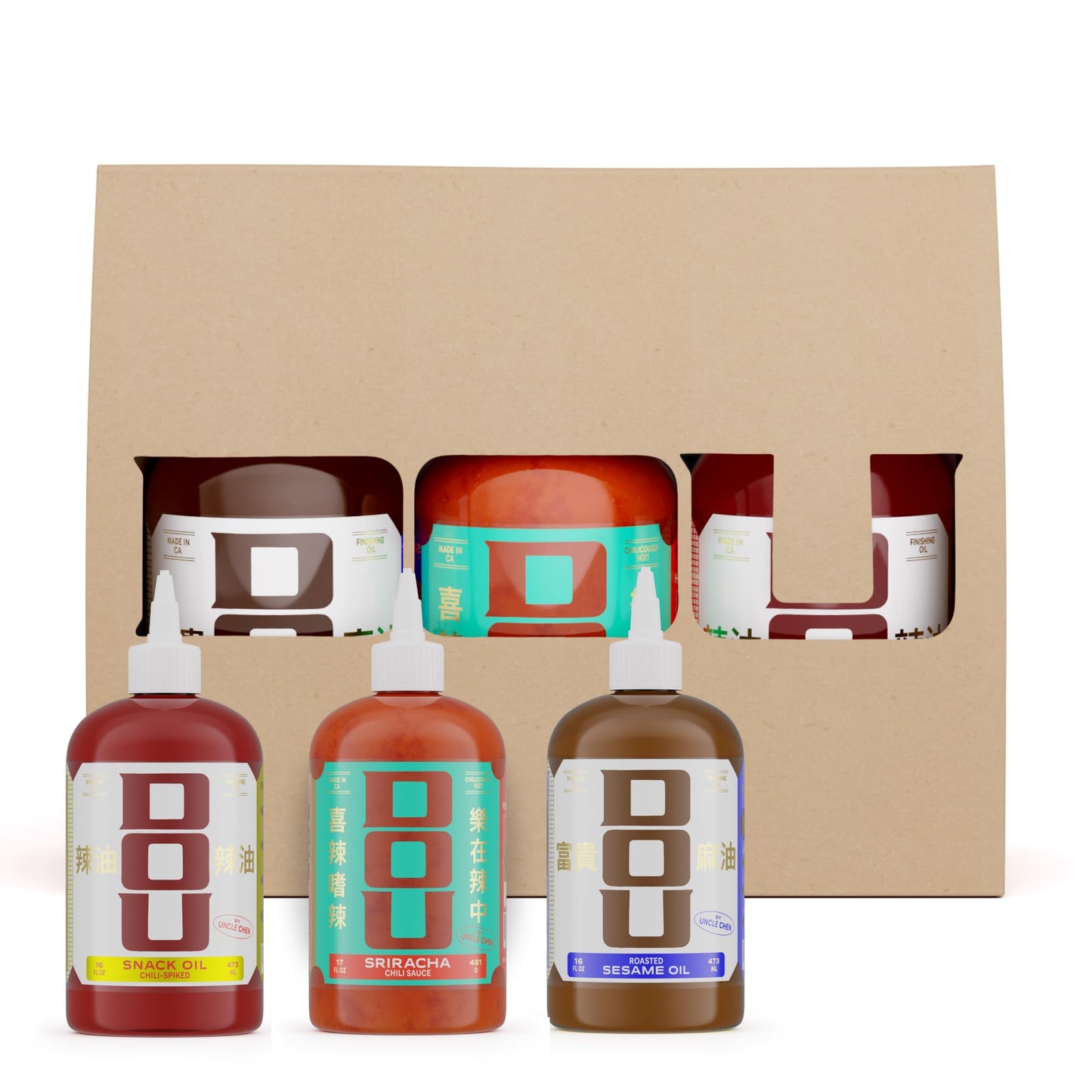 DOU by Uncle Chen Chinese Sauce Gift Set - Sriracha, Sesame Oil & Chili Oil Full-size Trio, 60-Year Family Recipe (3-Pack, 50oz Total)