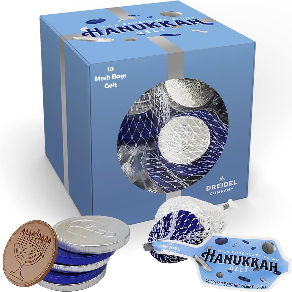 The Dreidel Company 10 Mesh Bags Original Hanukkah Chocolate Gelt Blue & Silver Coins in Mesh Bags, Made with Premium Belgian Milk Chocolate, Gluten