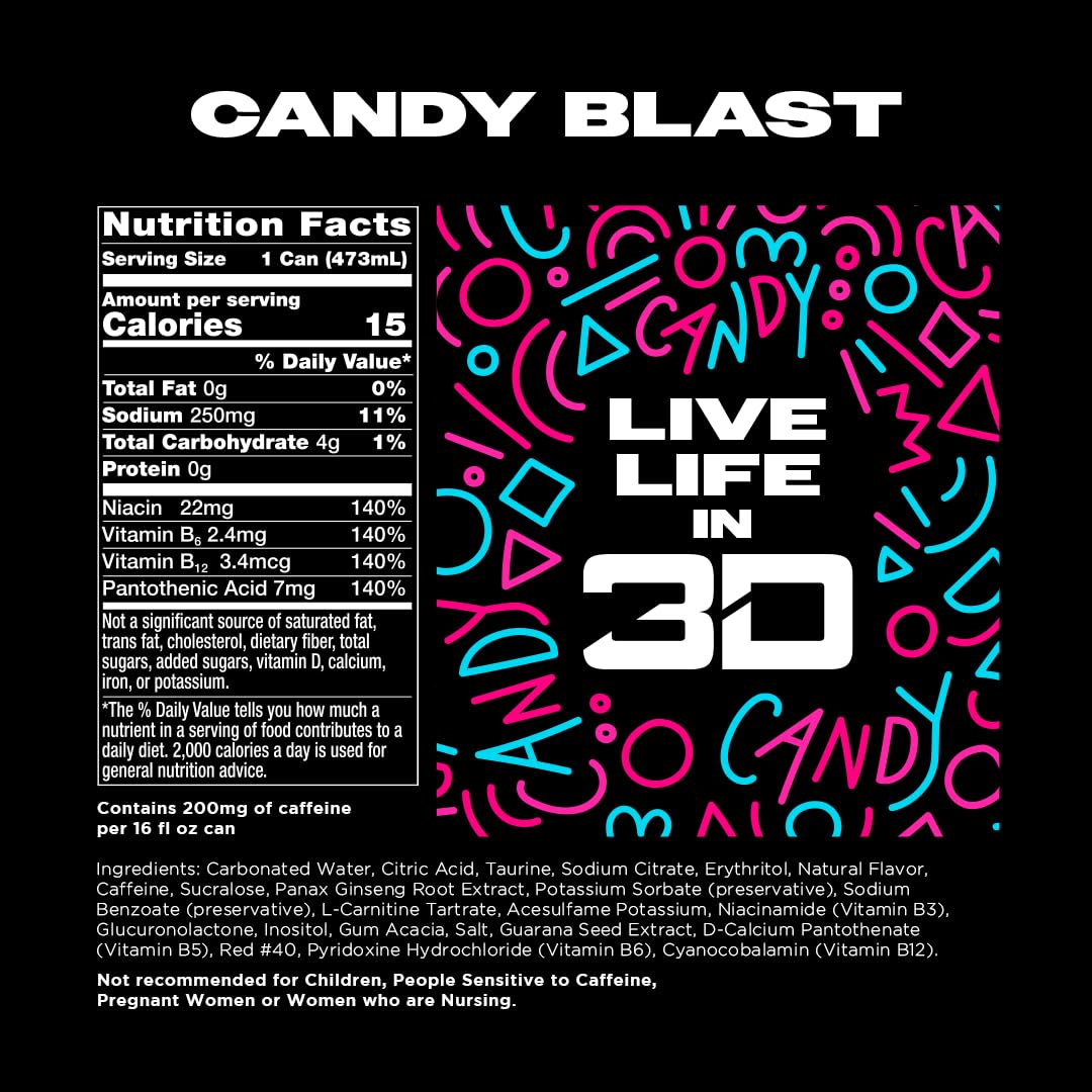 3D Energy CANDY BLAST | Sugar Free Energy Drink | Pre Workout Energy | 200mg Caffeine with Taurine and L-Carnitine | 16 Fluid Ounce | 12 Pack | Black