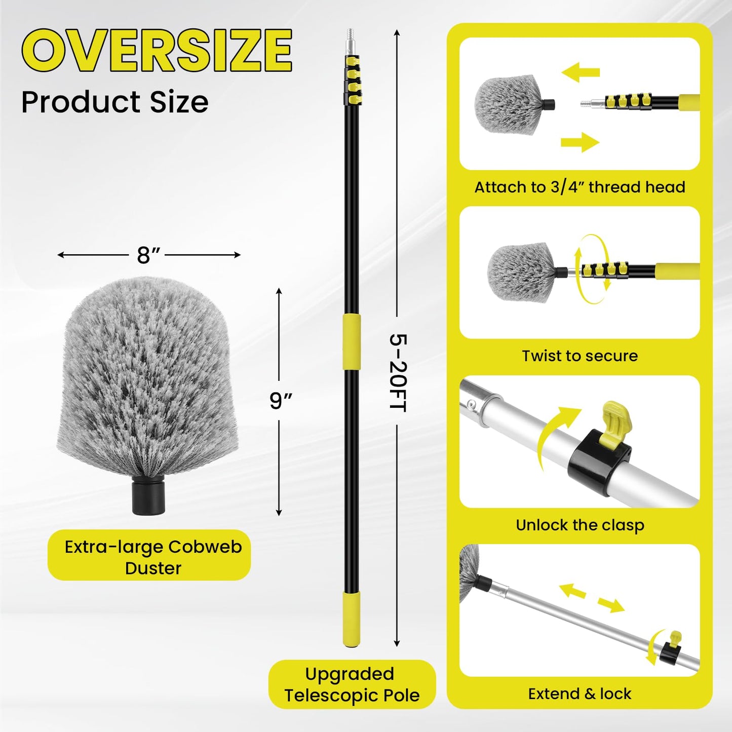 20FT High Reach Cobweb Duster with Extension Pole, Spider Web Brush for Cleaning with 3-12FT Telescopic Pole, 8" Larger Extendable Duster for High