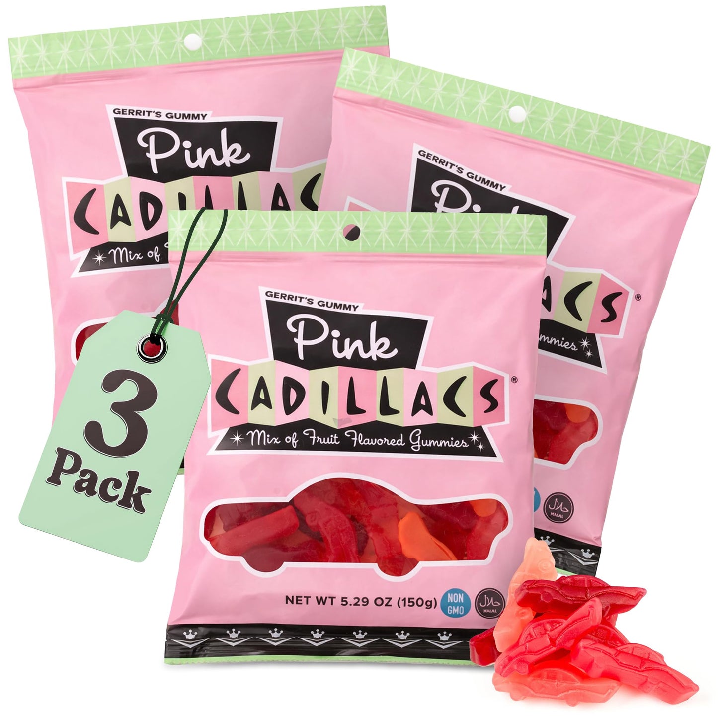 Pink Cadillacs Natural Gummy Candy(5.2 Ounce Bag) - Pack of 3 Bags
