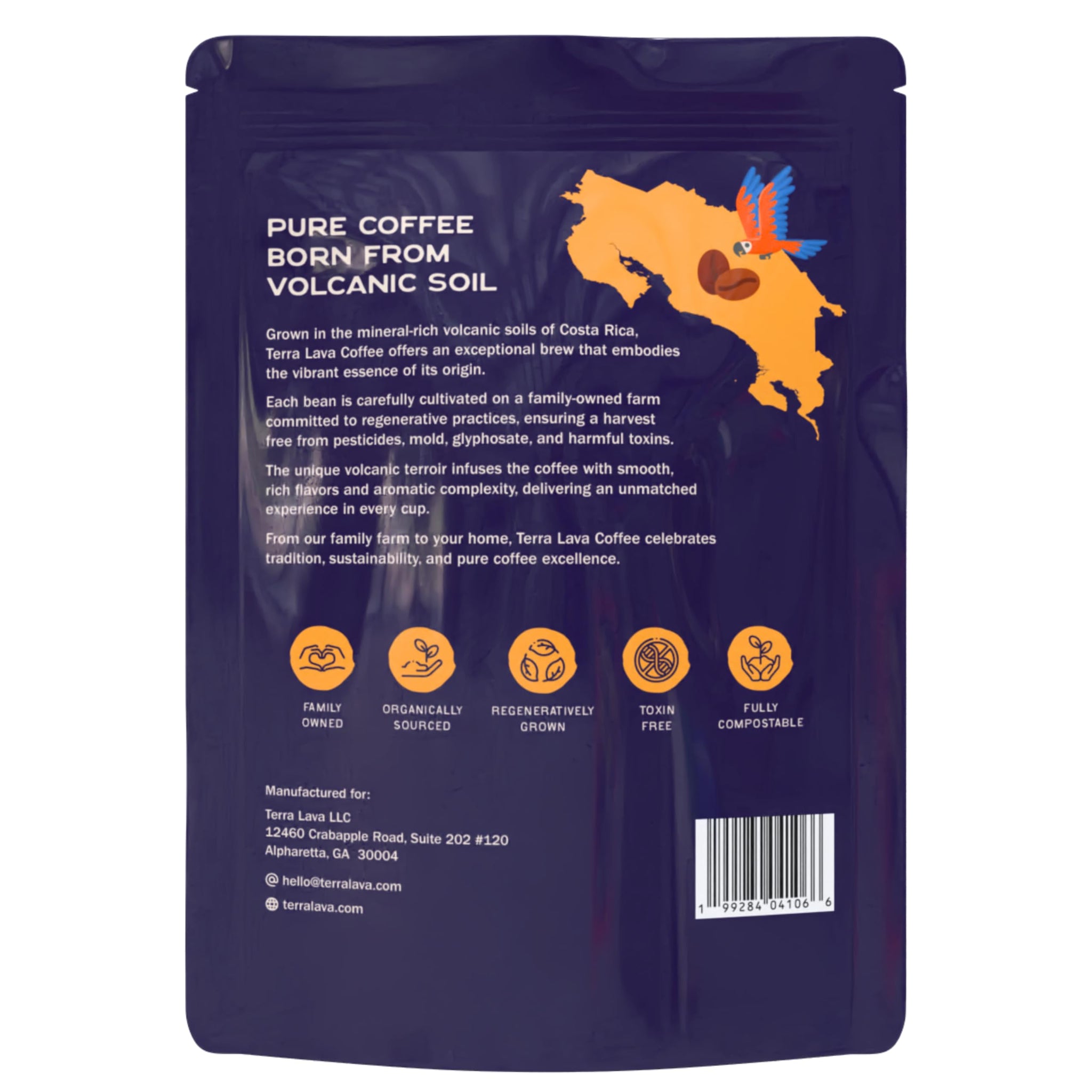 Terra Lava Coffee - Dark Roast Whole Bean Coffee, Single-Origin Costa Rican Arabica, Volcanic Soil Grown, Honey-Processed, Tested for Mold