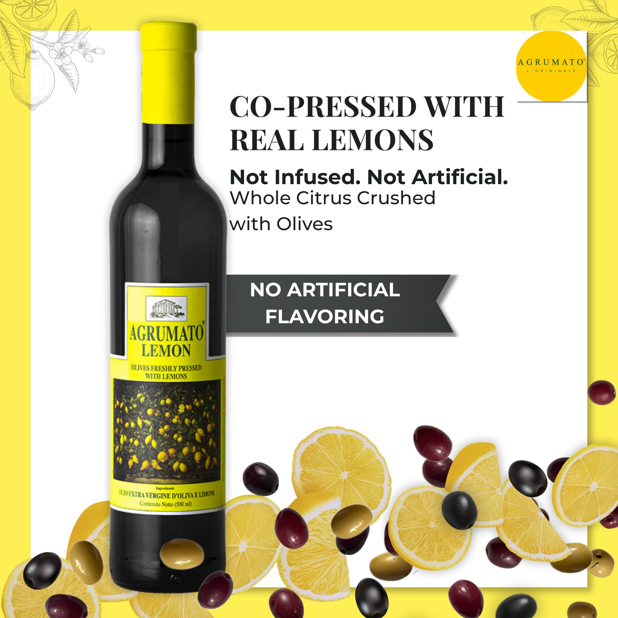 Agrumato Lemon Olive Oil, Cold Pressed Italian Extra Virgin with Fresh Citrus Peel, Small Batch Gourmet Finishing Oil for Salads Seafood Pasta