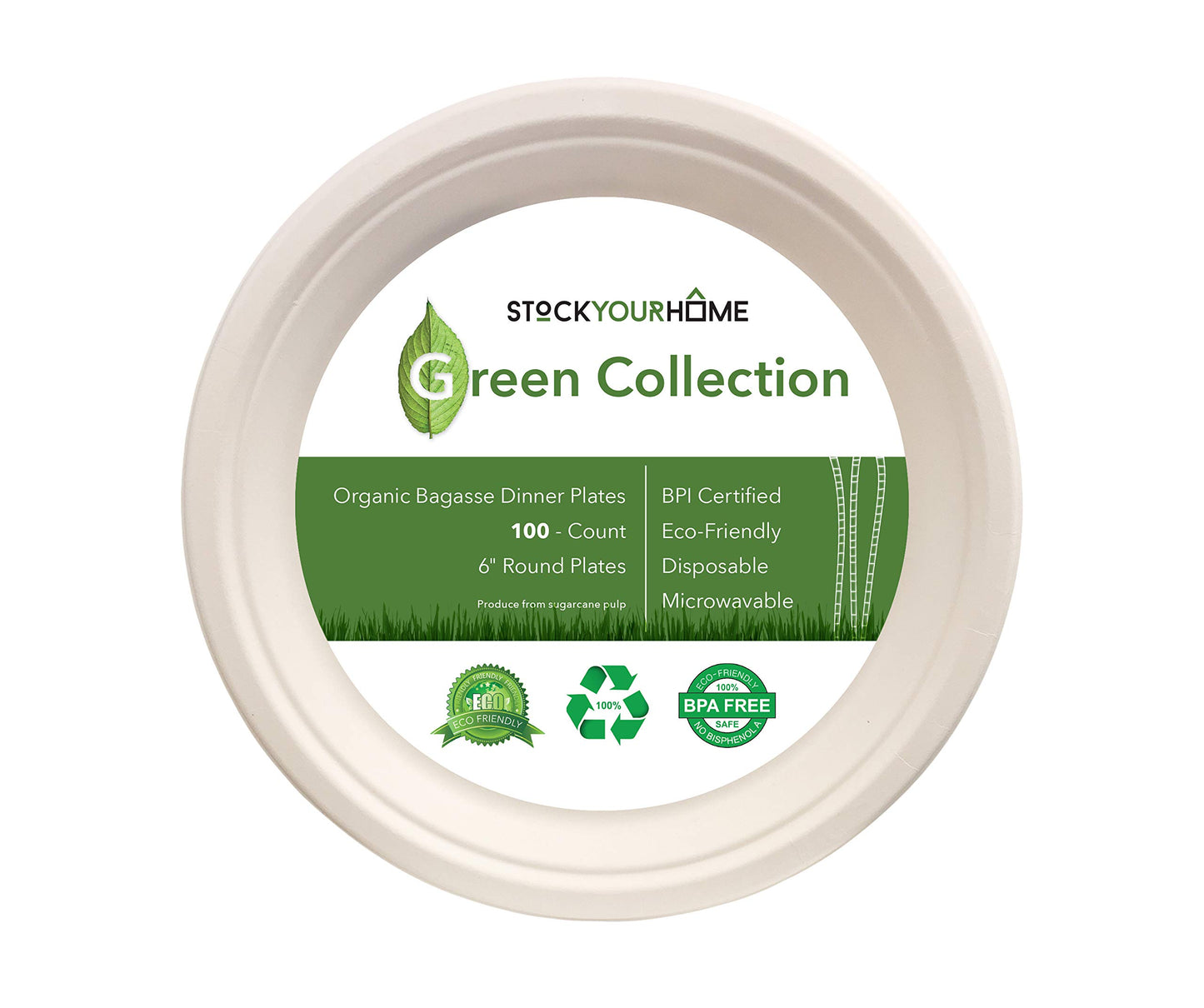 Stock Your Home Commercially Compostable 6 Inch Paper (100 Pack), Natural Disposable Bagasse, Eco-Friendly Made of Sugarcane Fiber