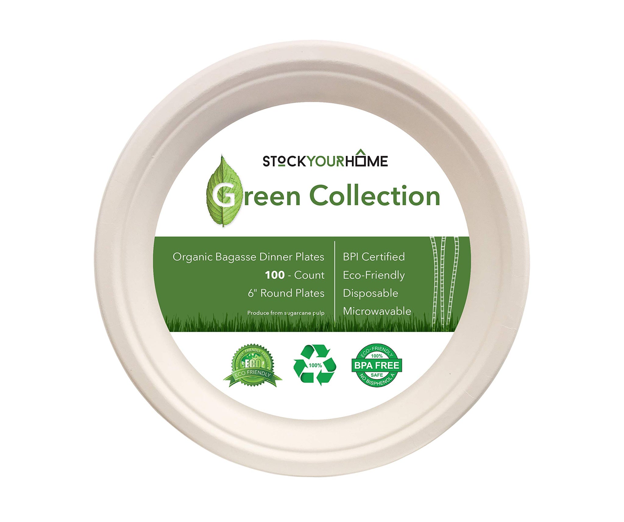 Stock Your Home Commercially Compostable 6 Inch Paper (100 Pack), Natural Disposable Bagasse, Eco-Friendly Made of Sugarcane Fiber