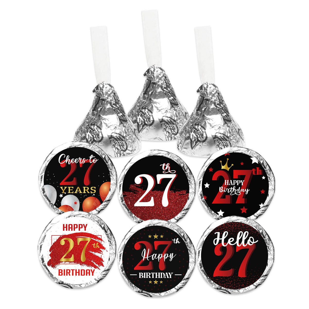 Happy 27th Birthday Party Favor Labels Chocolate Candy Stickers - Twenty Seven Years Old Birthday Round Candy Sticker Party Favors - Black and Red