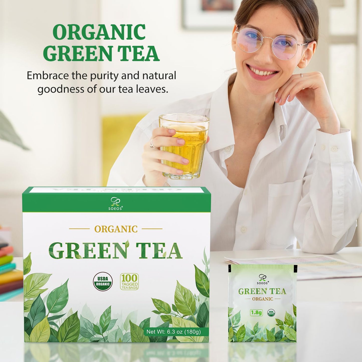 Soeos Organic Green Tea, 100 Tea Bags (Pack of 1), Caffeinated, Fresh and Healthy Green Tea, 6.3 Ounce