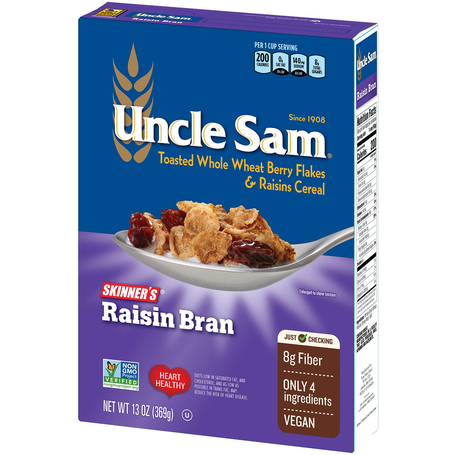 Uncle Sam Skinner's Raisin Bran Cereal, High Fiber, Whole Grain, Non-GMO Project Verified, Heart Healthy, Kosher, Vegan, 13 Oz Box (Pack of 12)