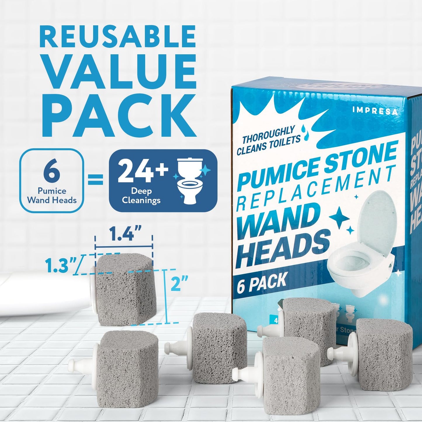 Impresa 6-Pack Pumice Stone Toilet Bowl Cleaner Refill Heads - Compatible with Clorox Toilet Wand Refills - Reusable Natural Stone Scrub Heads