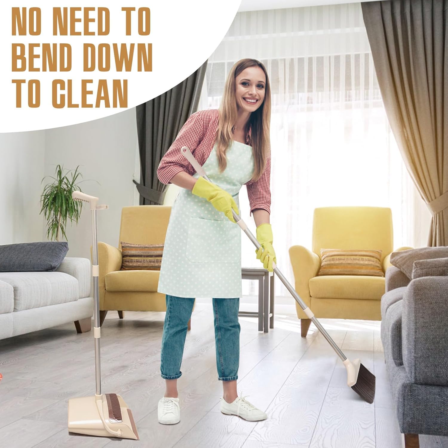 XXFLOWER Broom and Dustpan Set with Long Handle, Light Weight Stainless Steel Poles Stand Upright Dustpans with Broom Combo for Home Kitchen Office