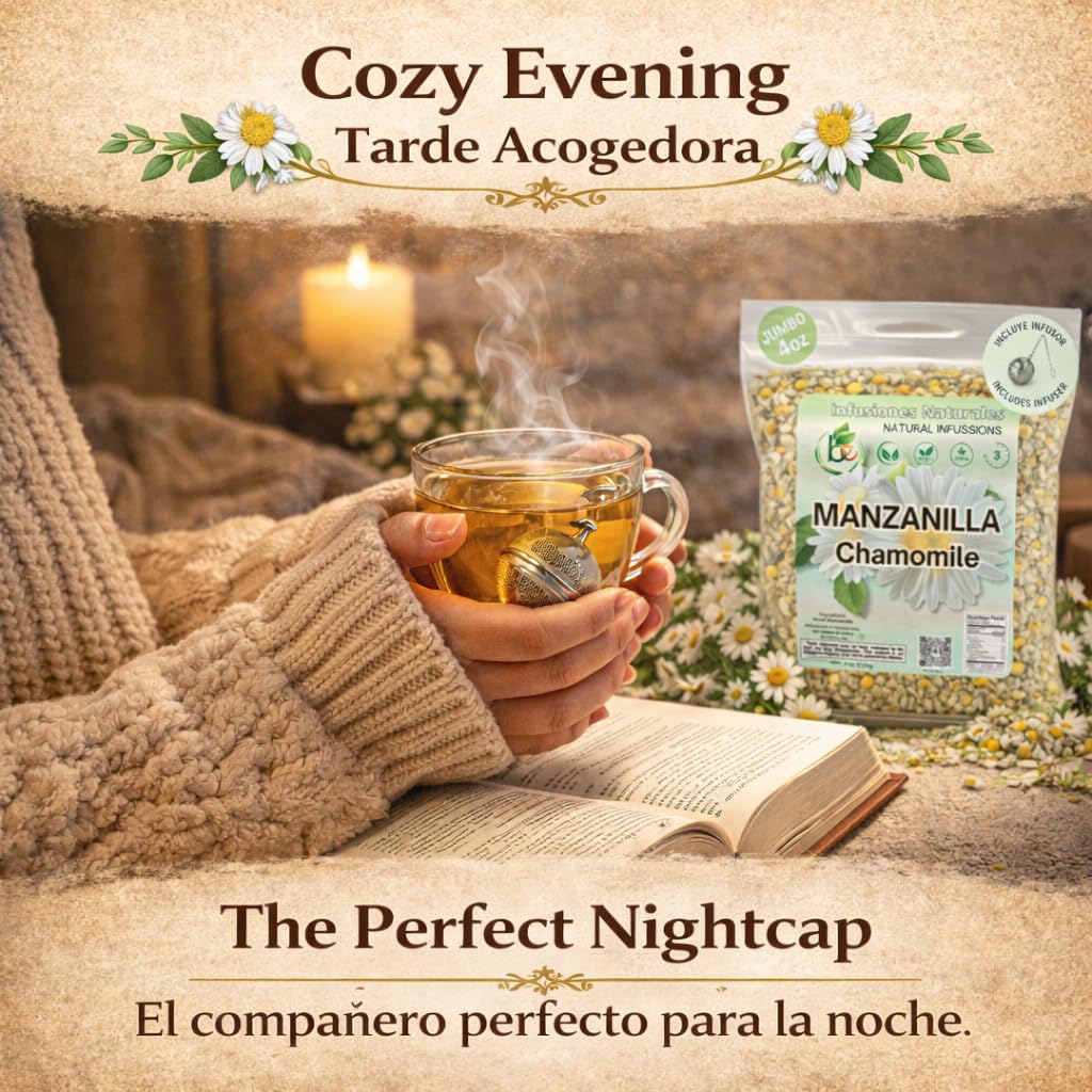 Manzanilla (Chamomile) Herbal Tea Set - 4 oz (113g) Premium Loose Leaf Flowers + Stainless Steel Tea Infuser - 100% Natural, Caffeine-Free, Vegan