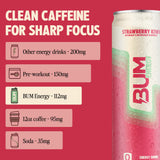 BUM Sugar-Free Energy Drink, Strawberry Kiwi, Lightly Carbonated and Gluten Free with 112mg of Natural Caffeine & Nootropics for Energy & Focus, Brain