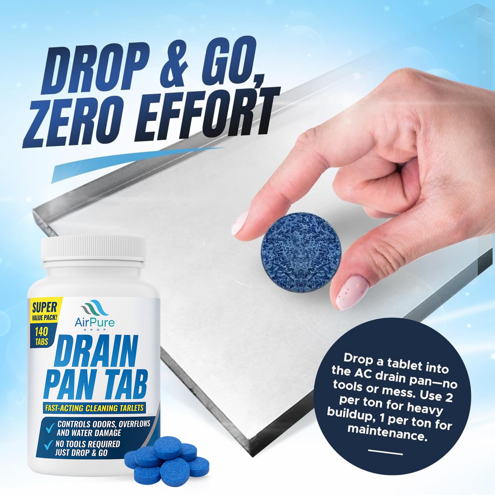 Air Pure Drain Pan Tabs - 140 Flow Treatment Tablets for HVAC & AC Condensate Pan Treatment | Prevents Overflow, Cleans Drain Lines, & Eliminates
