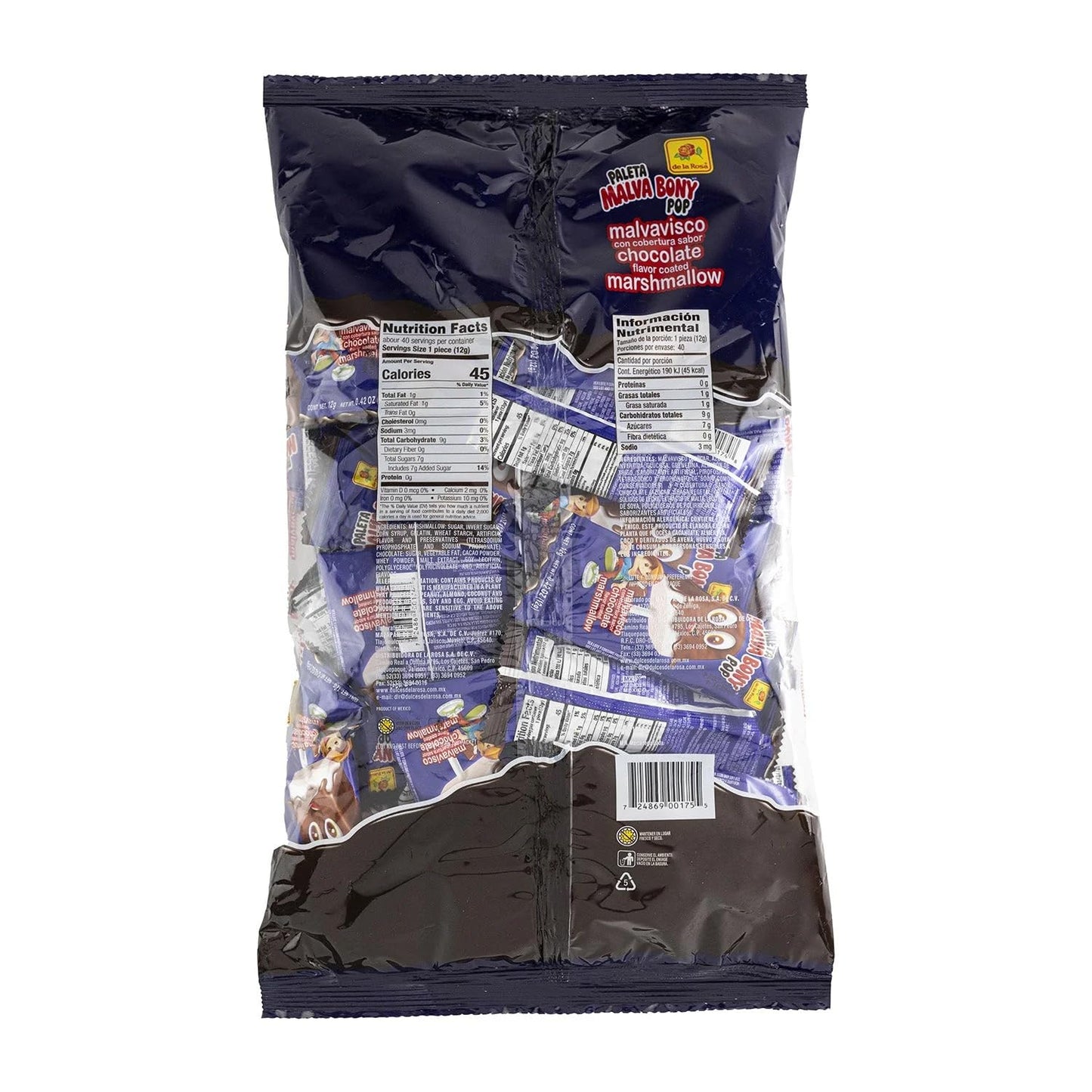 DeLaRosa Paleta Malva Bony Pop 40 Count Bulk Bag (1.05 LB) Chocolate Covered Marshmallow Lollipops | Soft & Chewy Mexican Candy Pops | Individually