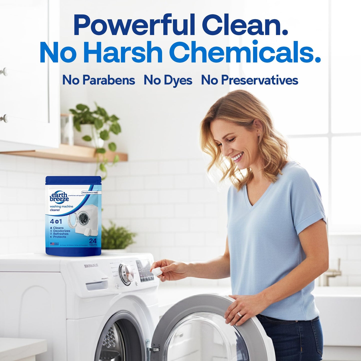 Earth Breeze Washing Machine Cleaner Tablets - 1 Year Supply - Deep Cleans, Removes Odors, Residue & Buildup - Front Load, Top Load & HE Washers