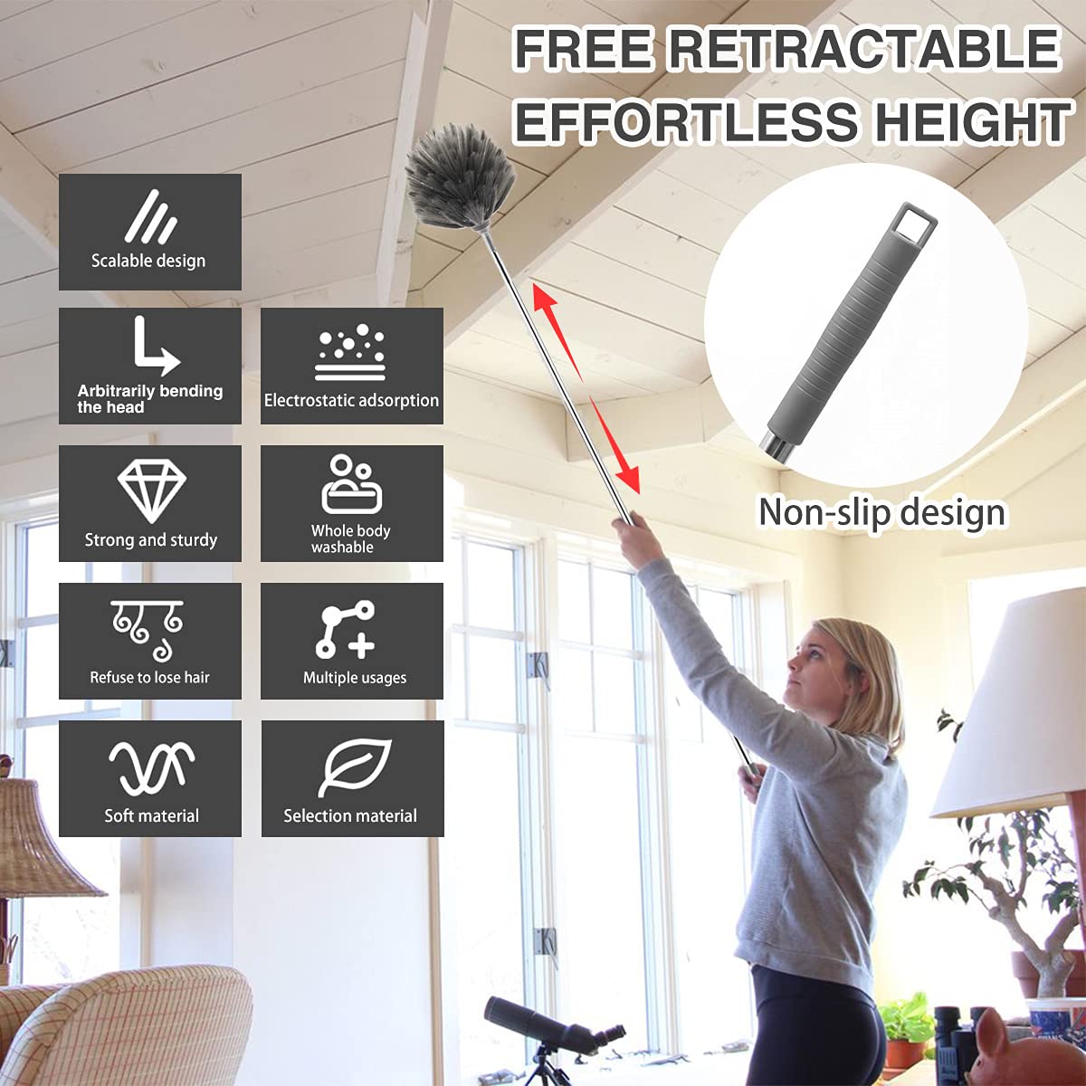 5PCS Microfiber Feather Duster,Extendable Cobweb Duster with 100 Inches Stainless Steel Reusable Bendable Washable Ceiling Fan Cleaner