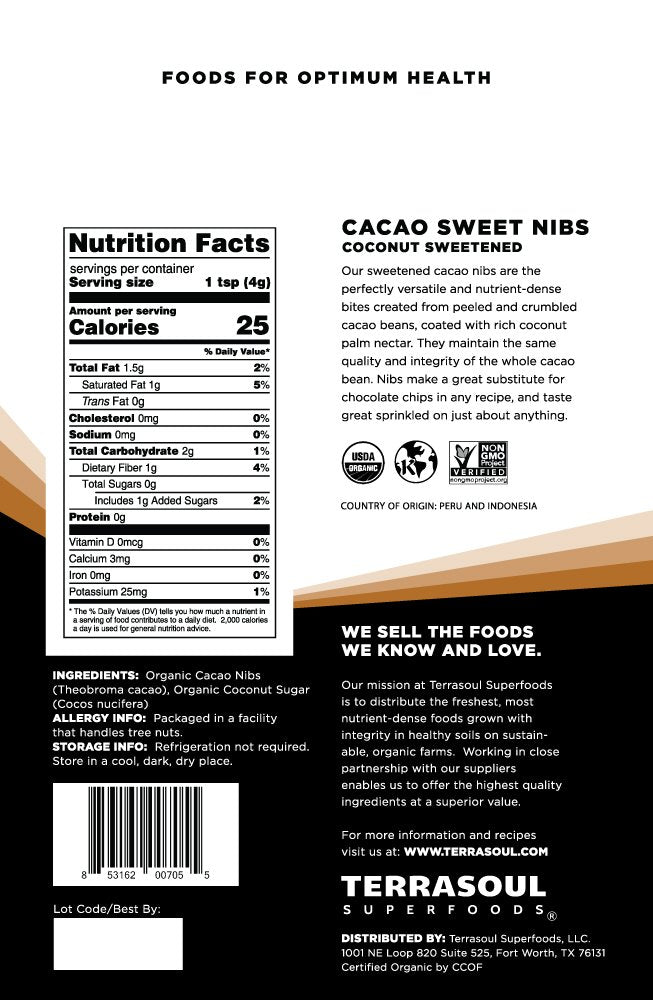 Terrasoul Superfoods Organic Sweet Cacao Nibs, 2 Lbs (2 Pack) - Coconut Sugar Sweetened | Antioxidants | Magnesium