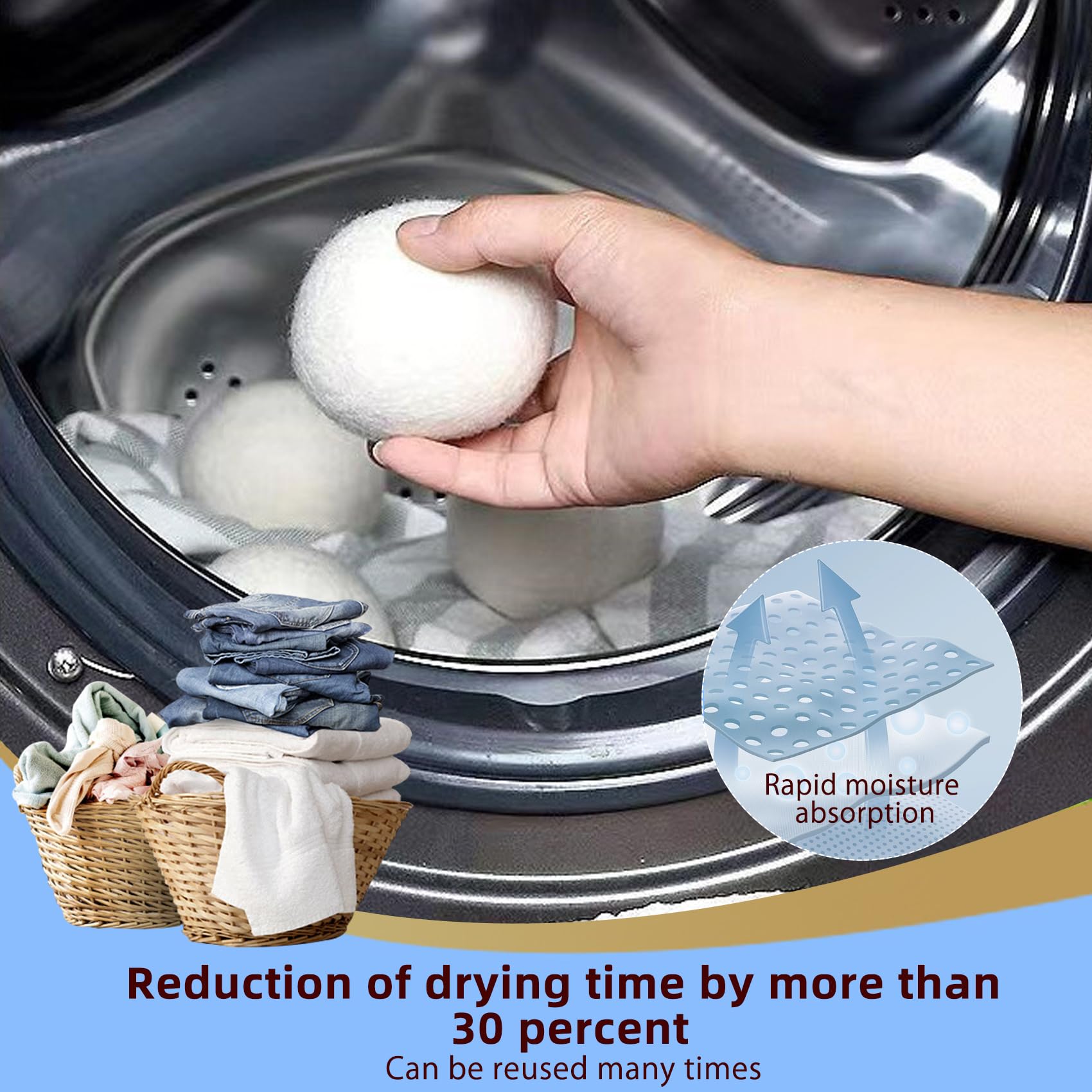 Wool Dryer Balls, 6 Pack Reusable Natural Fabric Softener Ball, Chemical-Free, No Lint, for Baby Clothes, Laundry Balls for Dryer, Anti Static