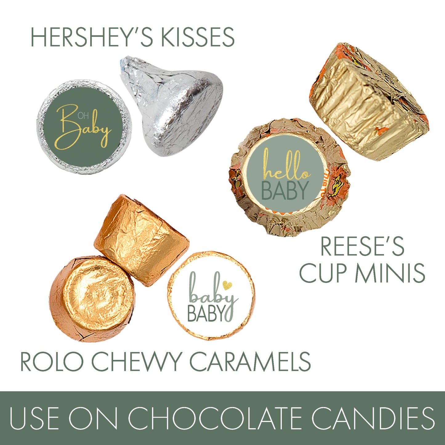 Green Baby Shower Kisses Stickers - Candy Party Favor Labels, 180 Count, 9 Sweet Baby Designs