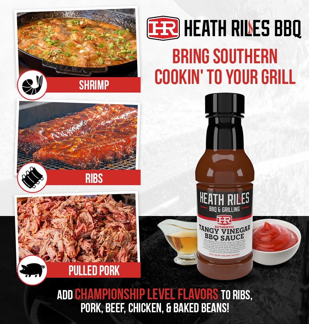 Heath Riles BBQ Tangy Vinegar Barbecue Sauce, Champion Pitmaster Recipe, Bottle 16 oz.