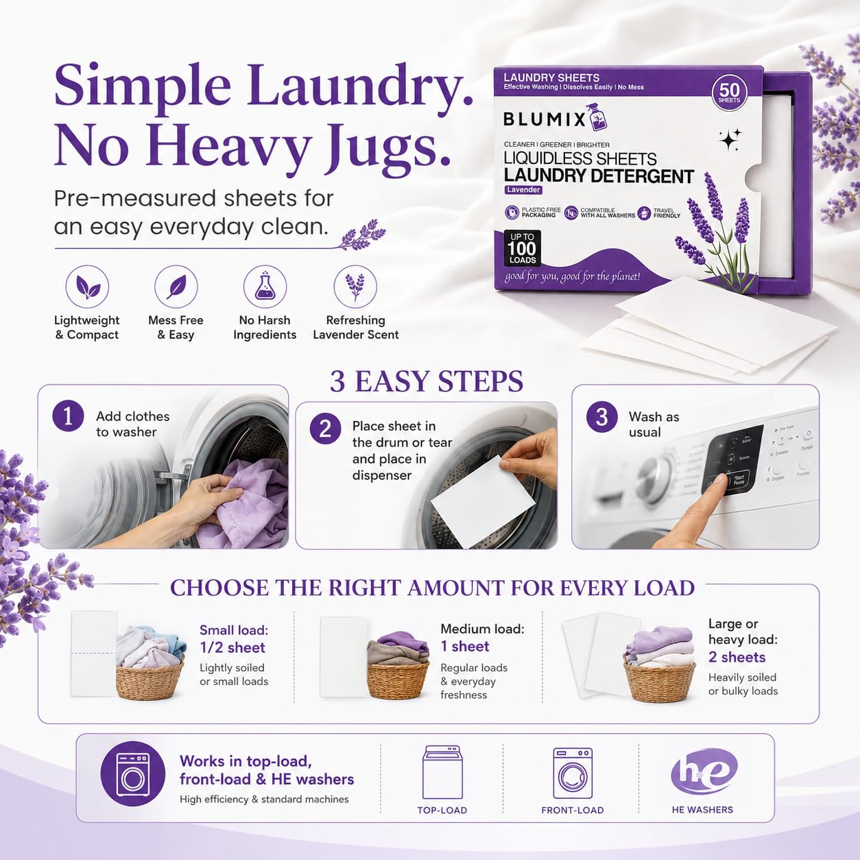 Blumix Laundry Detergent Sheets - 100 Loads | Lavender Scent | Eco-Friendly, Plastic-Free, Plant-Based Detergent for Sensitive Skin | Travel Friendly