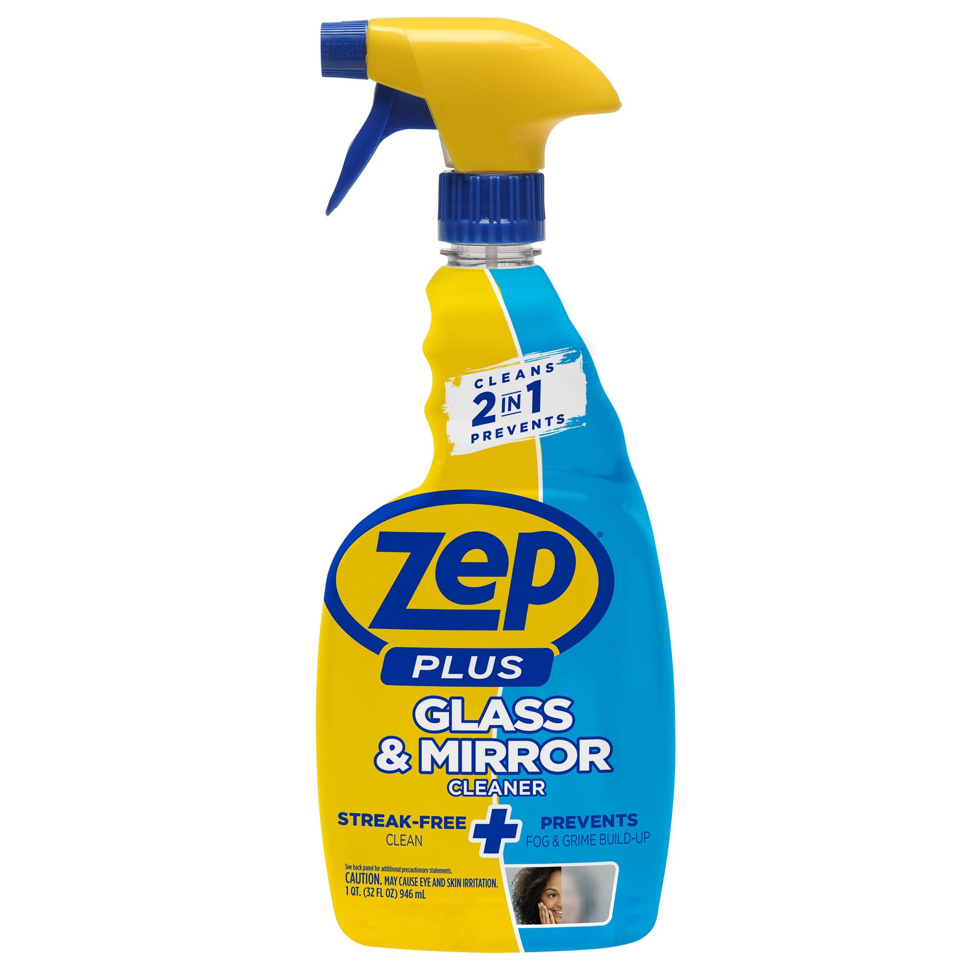 Zep Plus Glass & Mirror Foaming Cleaner 32 oz (2 Units) and a Blue Microfiber Rag ECBD025-2-Pack Ammonia-Free Anti-Fog Streak-Free Mirror and Glass