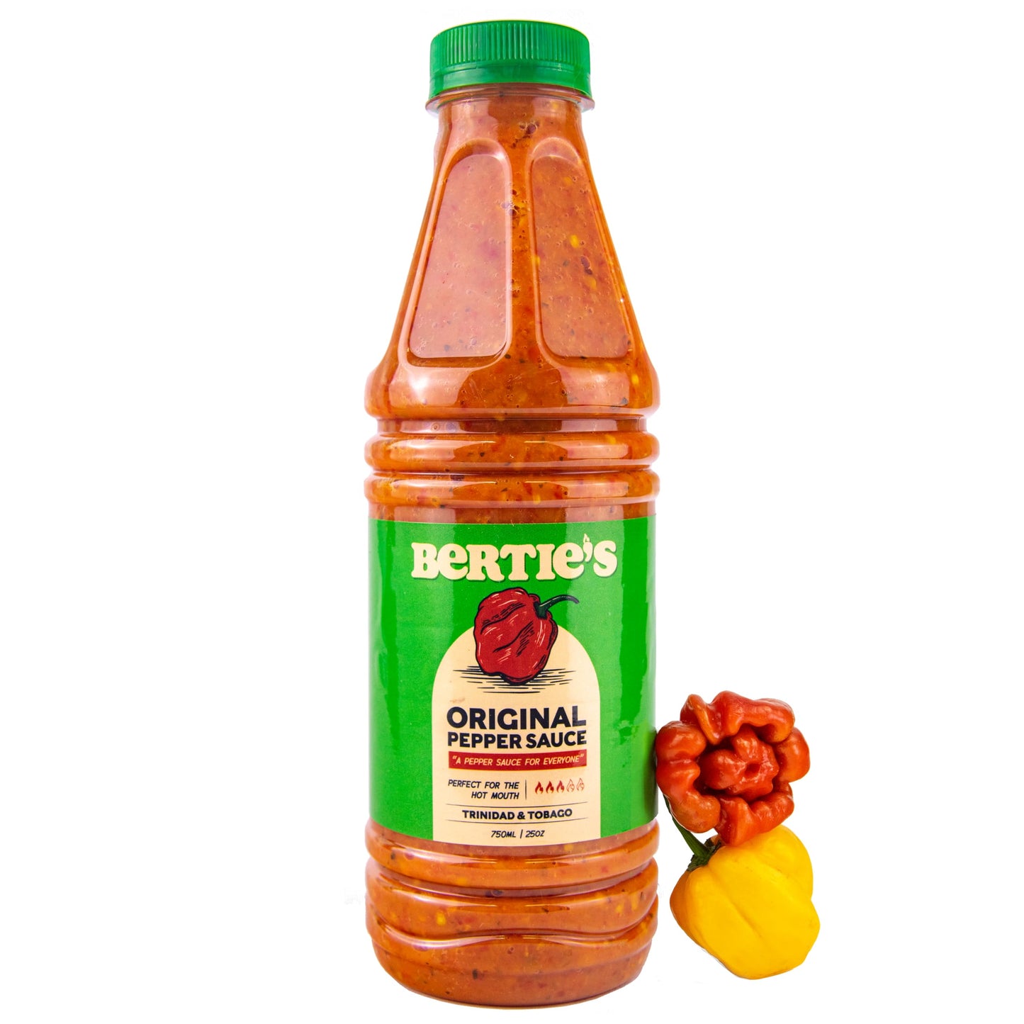 Bertie's Original Pepper Sauce (26 Oz/750ml) | Great Flavour And Heat | Made With Fresh Trinidad Moruga Red And Scotch Bonnet Yellow Peppers | Tastes