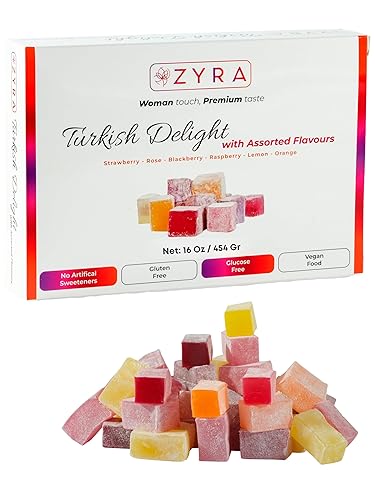 ZYRA Turkish Delight - Woman Owned Brand - Luxury with Assorted Fruit - Rose, Strawberry, Raspberry, Blackberry, Lemon, Orange - Authentic Premium